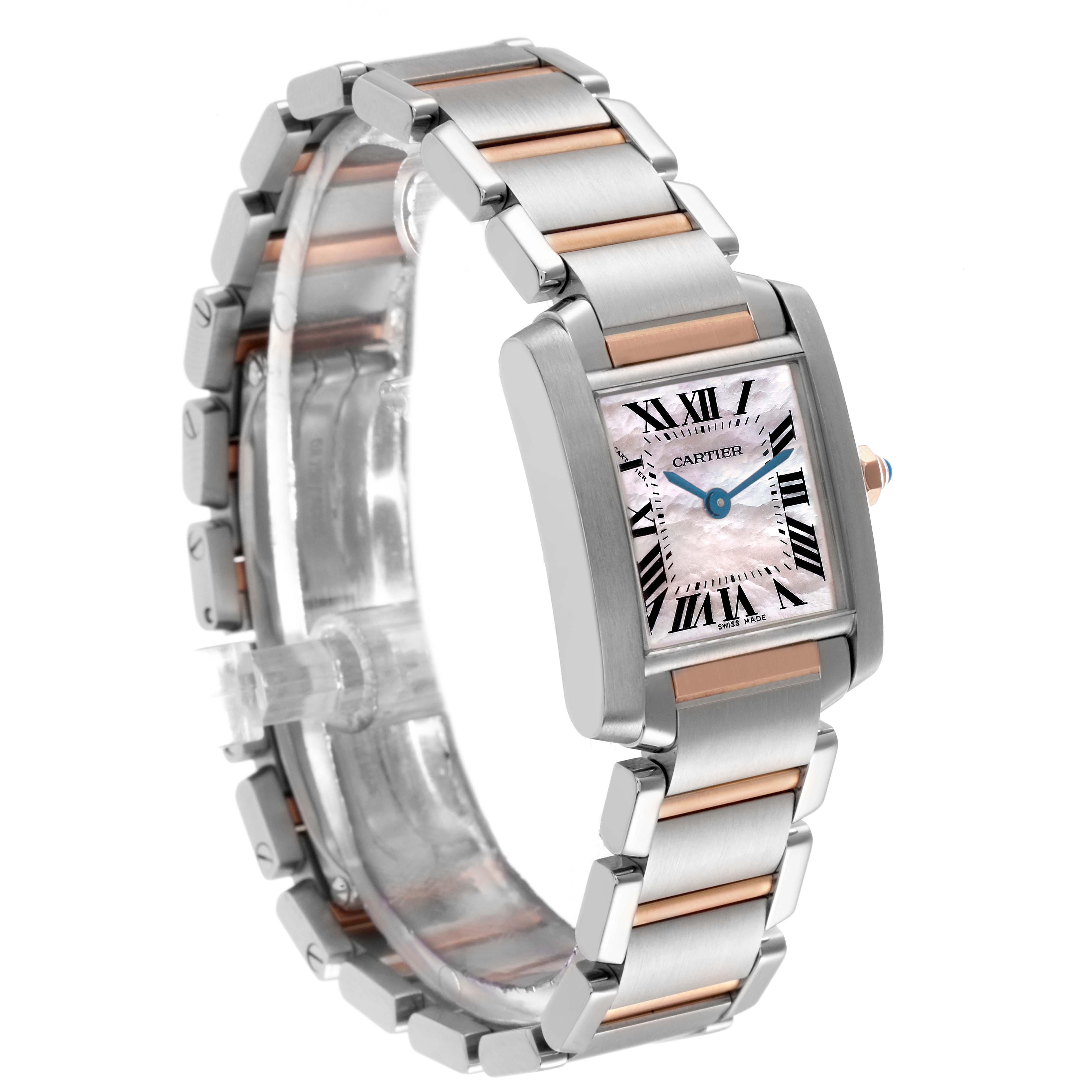 The Cartier Tank Francaise W51027Q4 Women
s Steel and Gold (two tone) Mother of Pearl Dial watch is shown at an angle highlighting the face, bracelet with metal links, and crown.