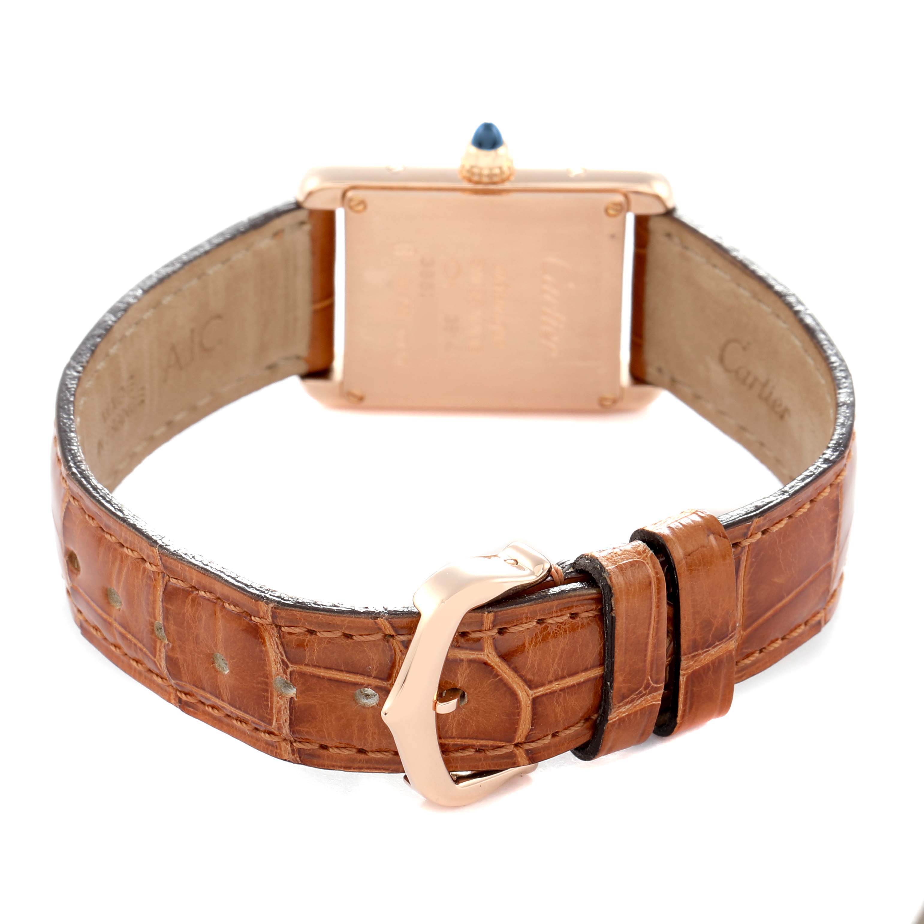 This Cartier Tank Louis WGTA0010 Women
s Rose Gold Silver Dial watch is shown from the rear, highlighting the back casing and leather strap with buckle.