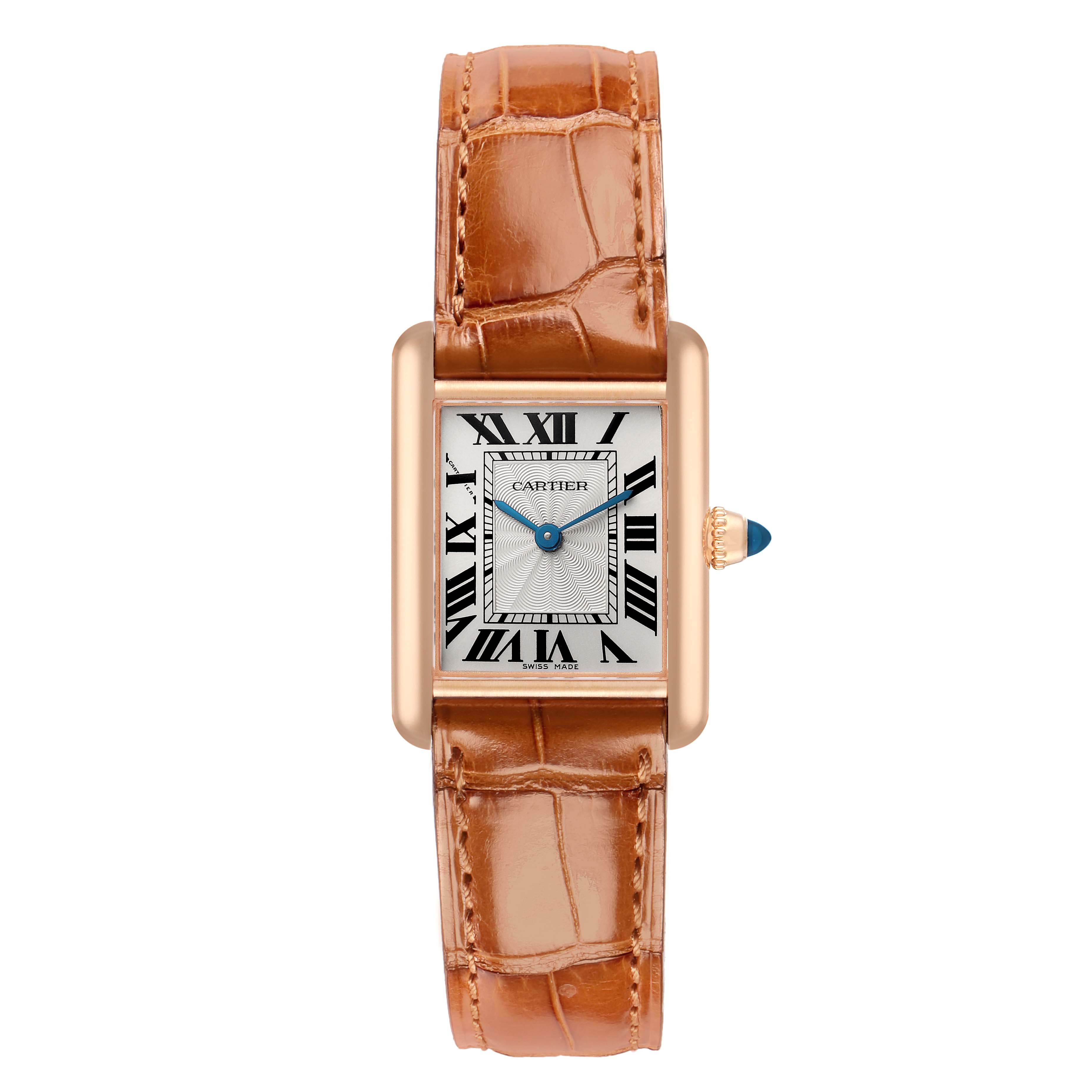 The Cartier Tank Louis WGTA0010 Women
s Rose Gold Silver Dial watch is shown from a top-down angle, displaying the face, leather strap, and crown with a blue gemstone.