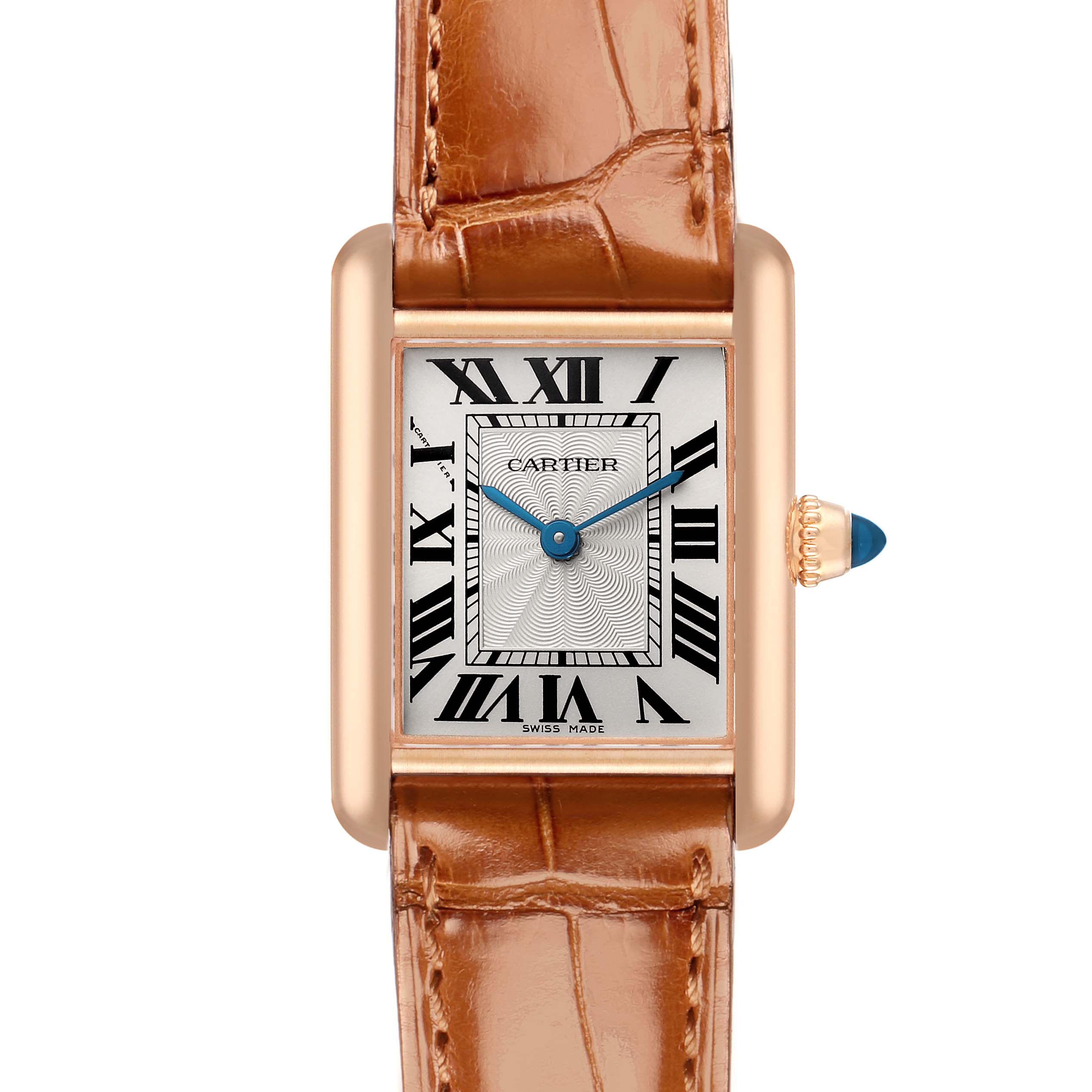 The Cartier Tank Louis WGTA0010 Women
s Rose Gold Silver Dial watch is shown from the front, highlighting its rectangular face, Roman numerals, blued hands, and leather strap.