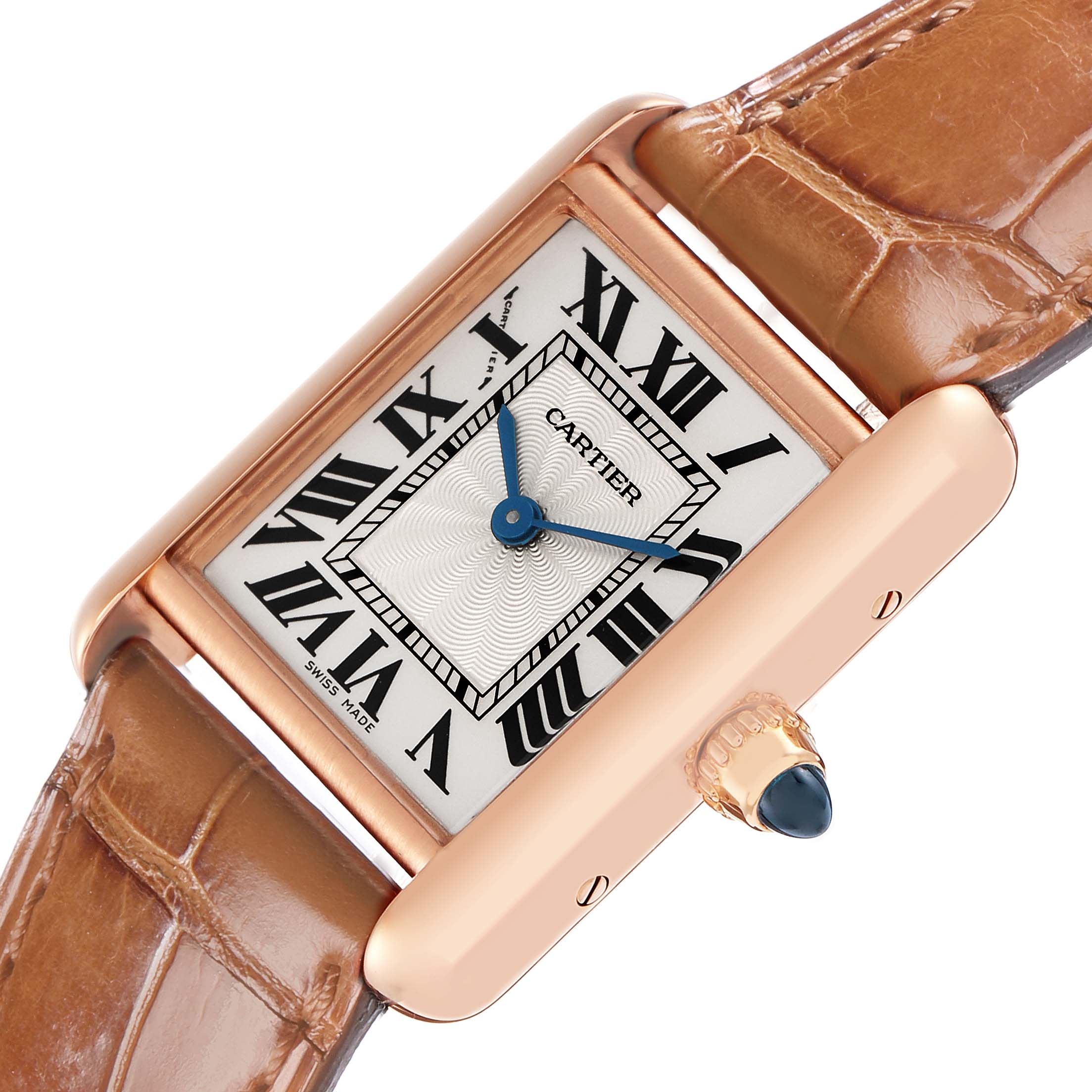 The Cartier Tank Louis WGTA0010 Women
s Rose Gold Silver Dial watch is shown at an angle displaying its face, brown strap, and distinctive crown with a blue cabochon.