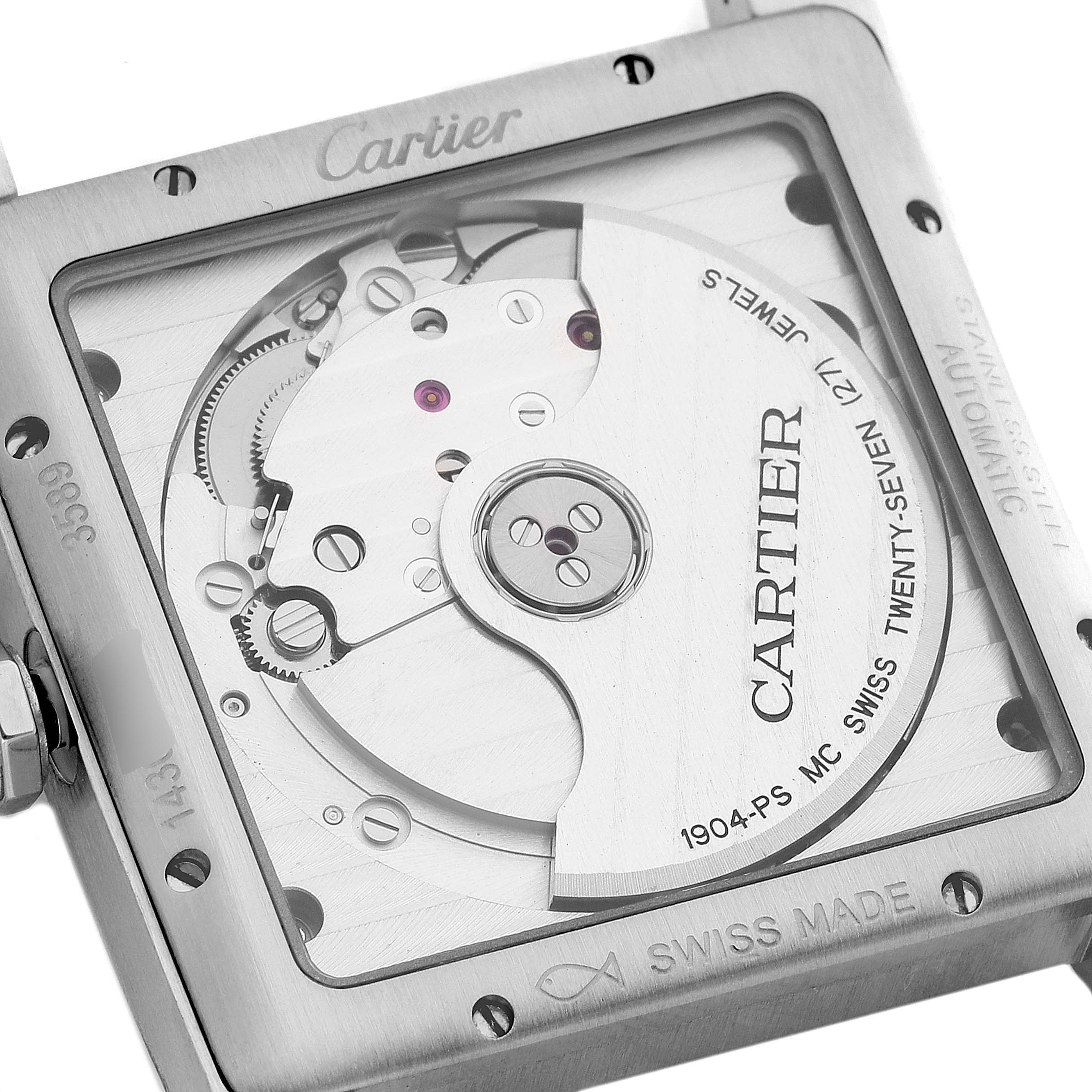 The image shows the back view of a Cartier Tank MC W5330003 Men's Stainless Steel Silver Dial W5330003 Men's Stainless Steel Silver Dial watch, revealing its mechanical movement and components.