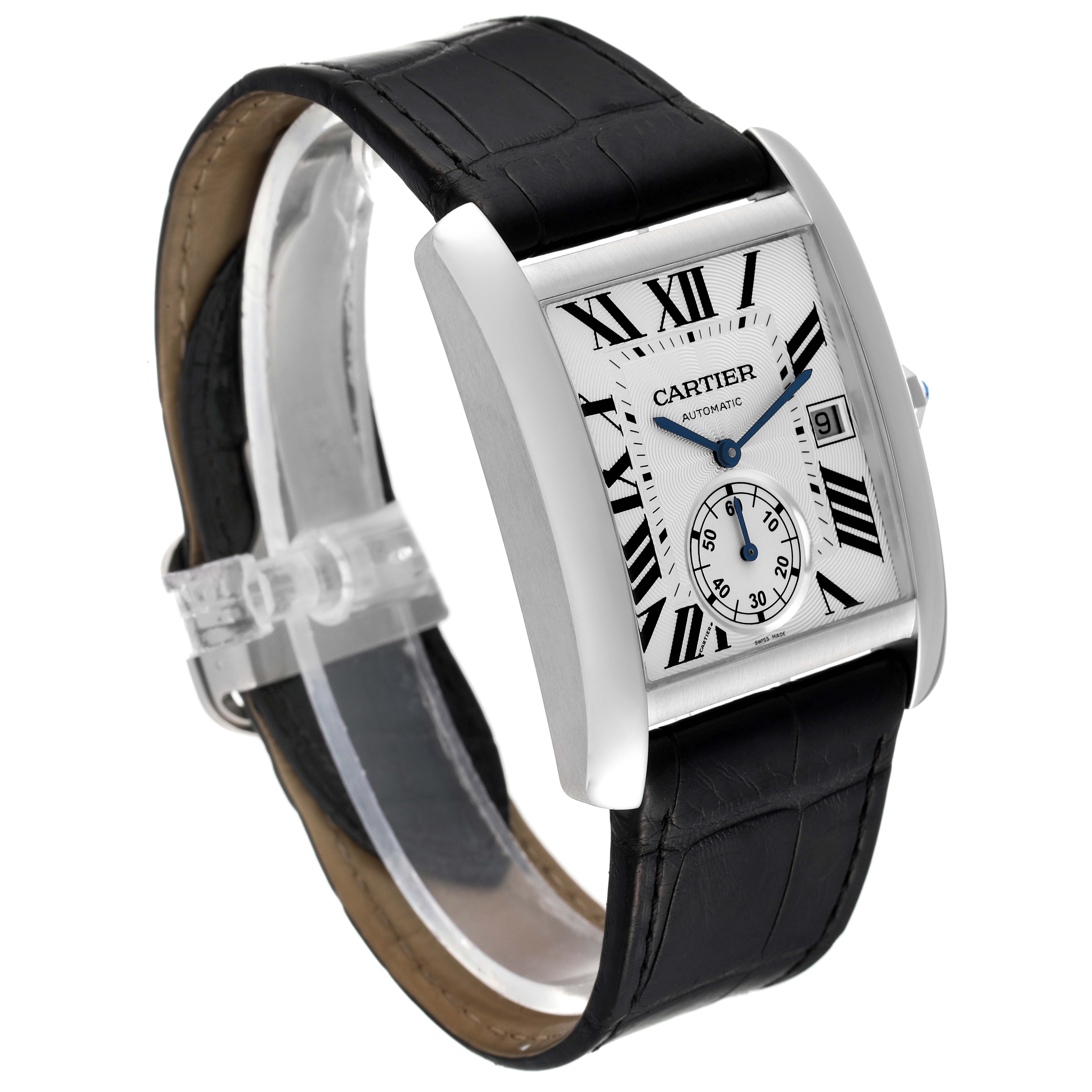 This image shows a Cartier Tank MC W5330003 Men's Stainless Steel Silver Dial W5330003 Men's Stainless Steel Silver Dial watch at a slight angle, displaying the face, case, and black leather strap.