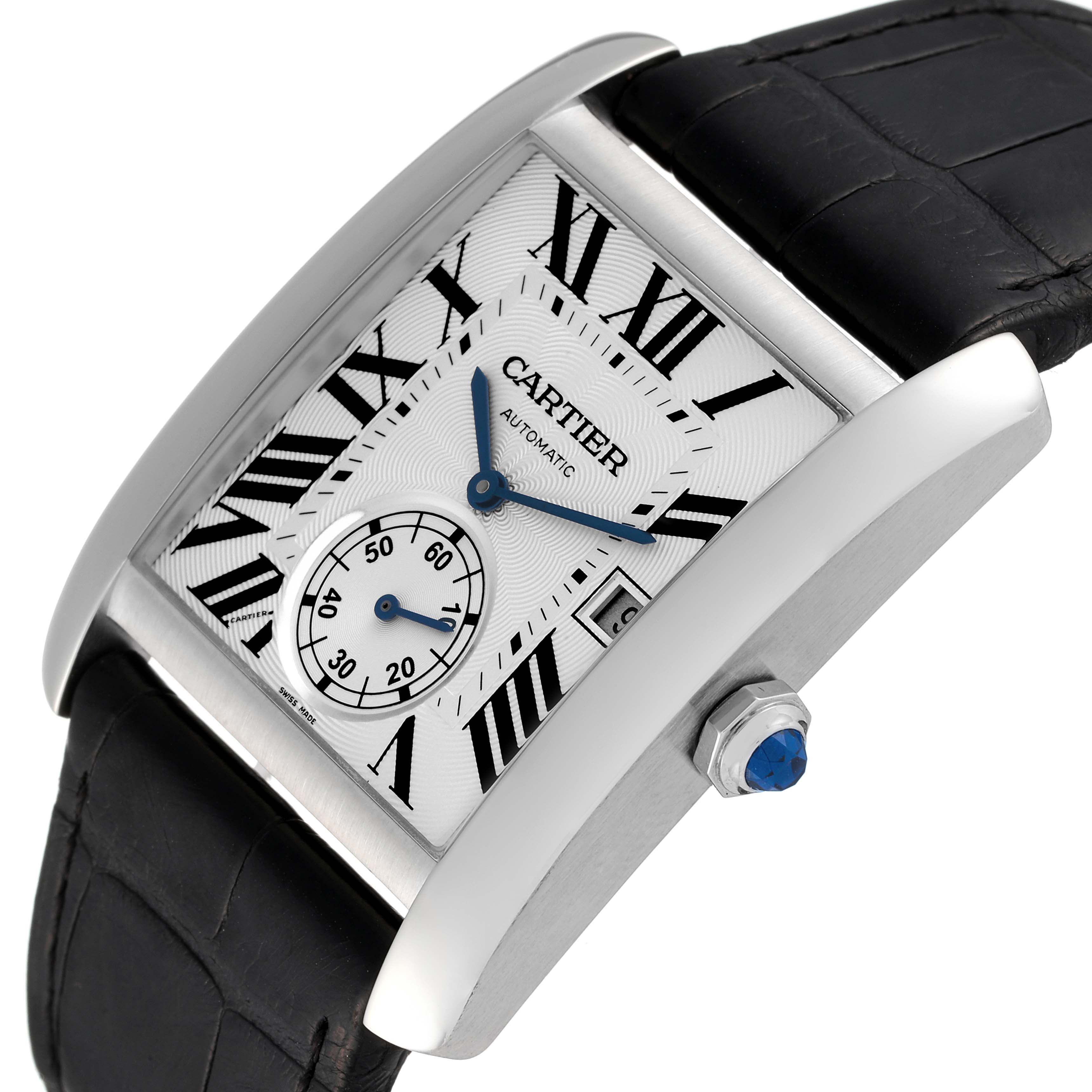 The image shows a Cartier Tank MC W5330003 Men's Stainless Steel Silver Dial W5330003 Men's Stainless Steel Silver Dial watch at an angled view, highlighting its face, crown, and part of the leather strap.