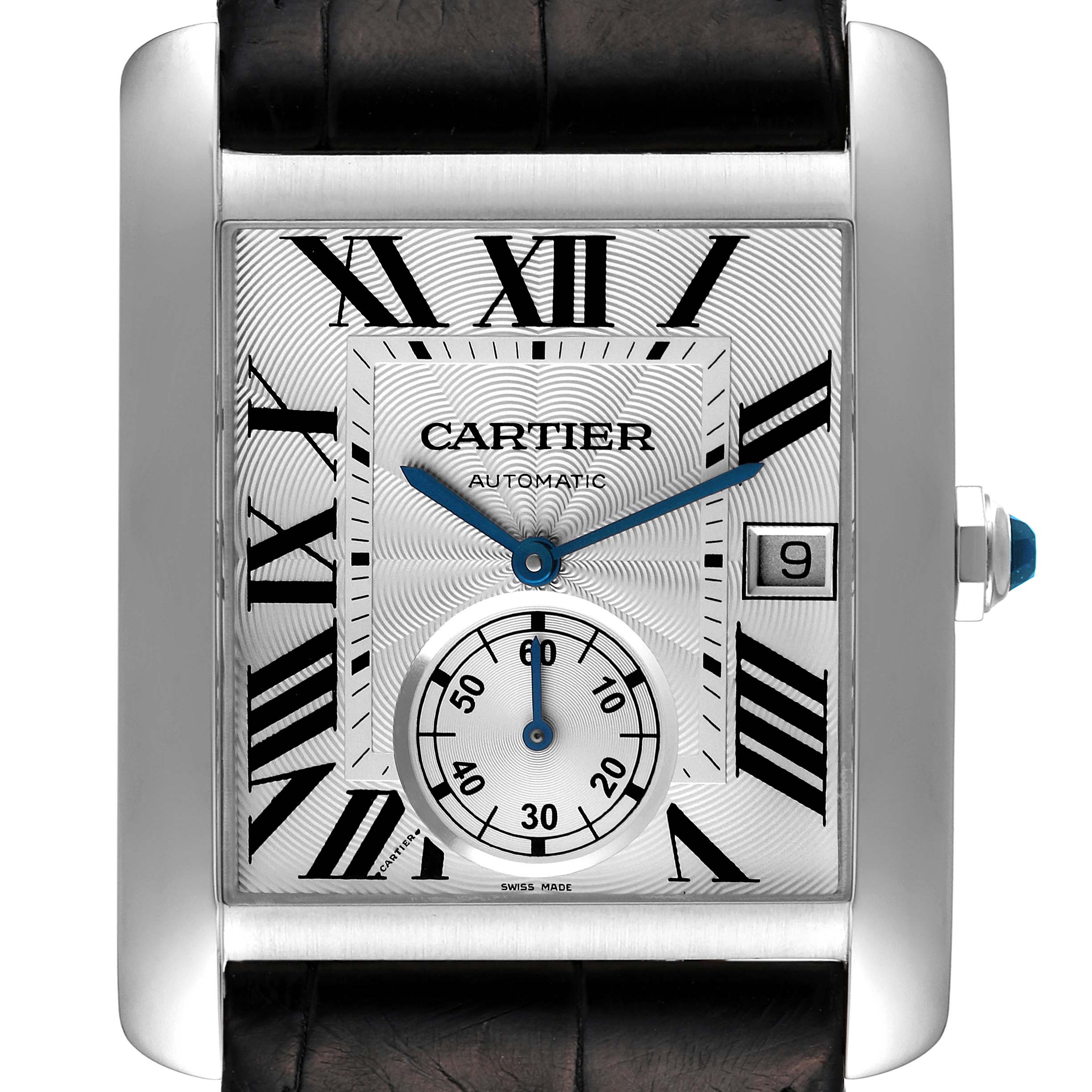The image shows a close-up of the Cartier Tank MC W5330003 Men's Stainless Steel Silver Dial W5330003 Men's Stainless Steel Silver Dial watch face, highlighting the dial, hands, date window, and side crown.