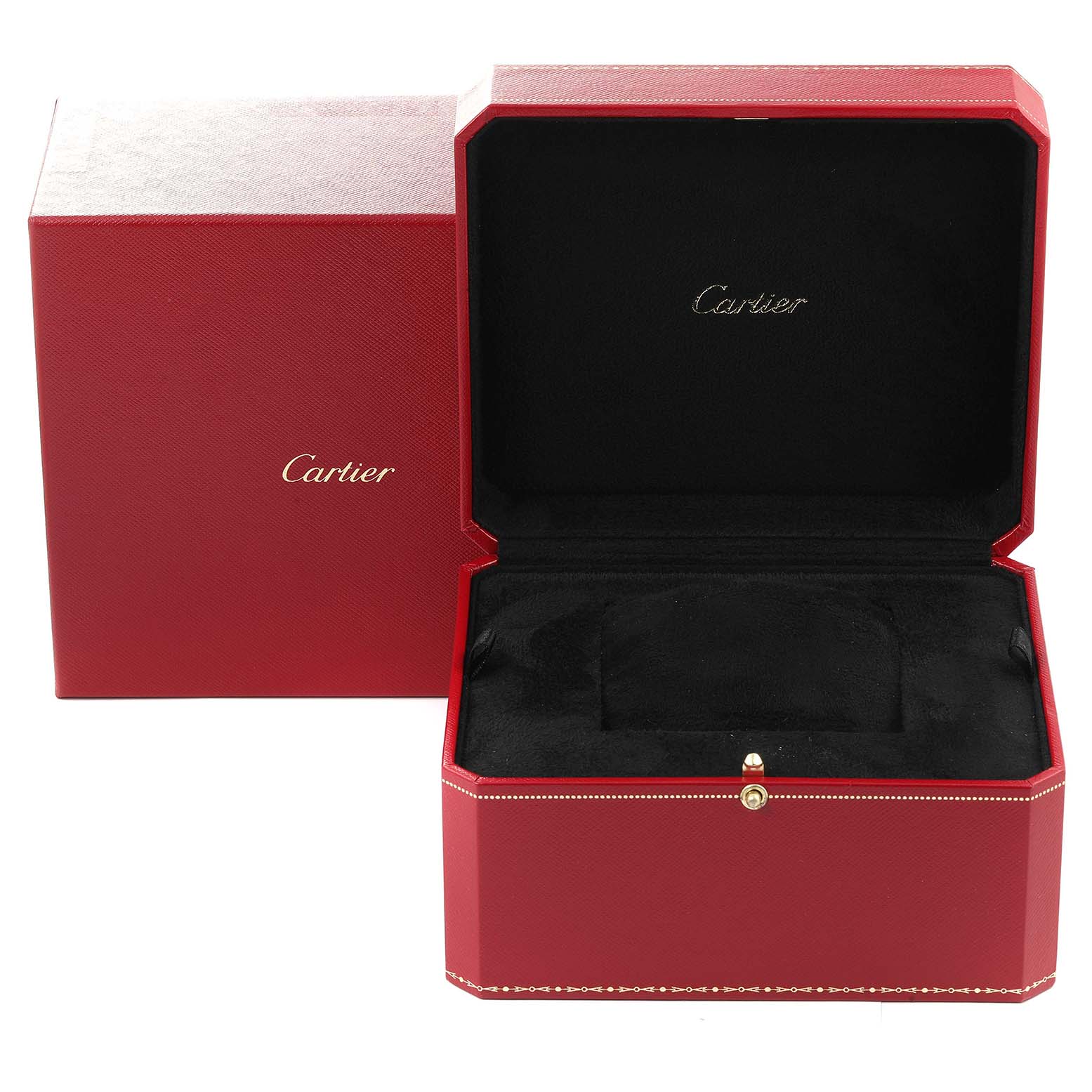 The image shows an open red Cartier box with the lid up and inner black velvet lining, for the Tank MC model watch.