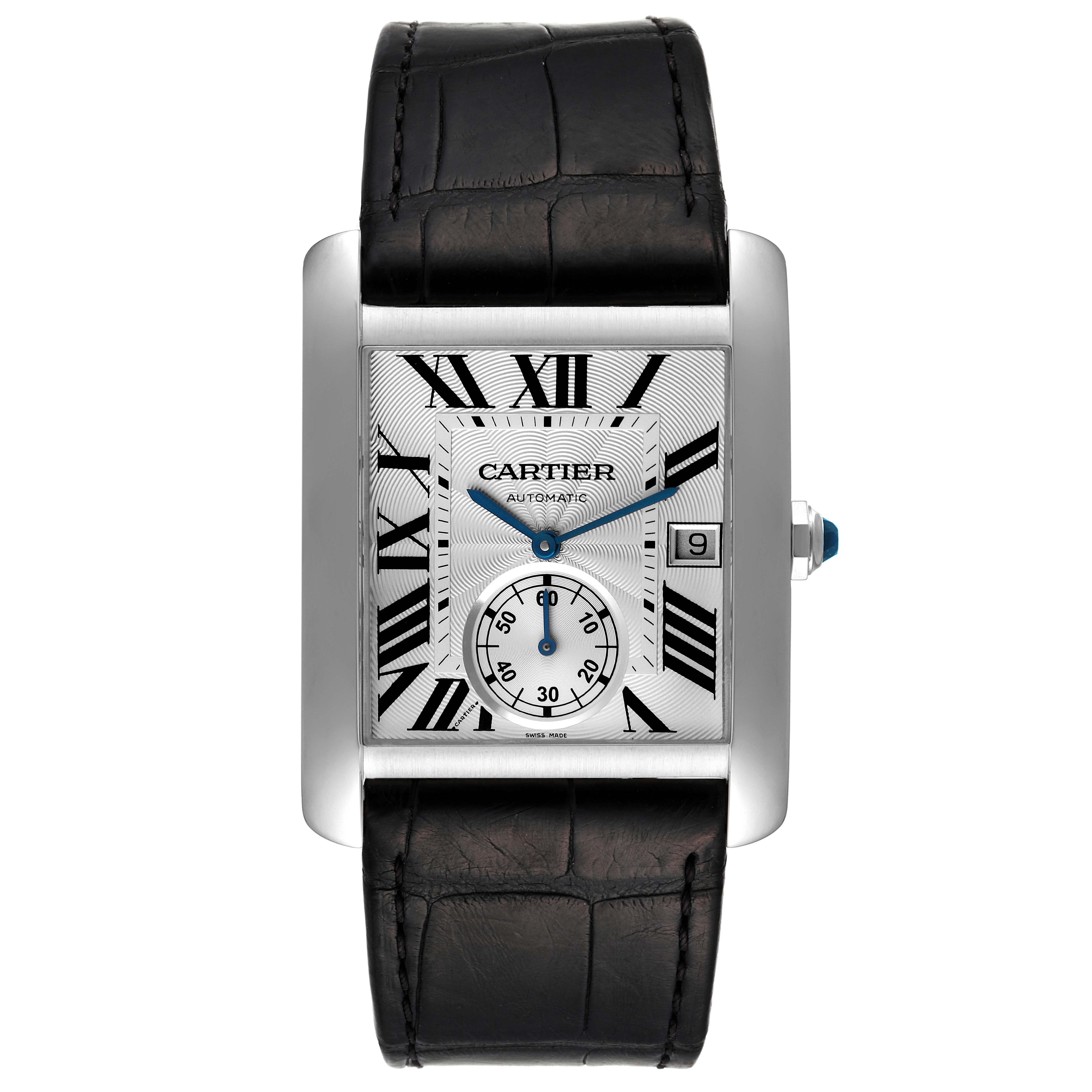 This image shows a Cartier Tank MC W5330003 Men's Stainless Steel Silver Dial W5330003 Men's Stainless Steel Silver Dial watch from a front view, displaying its rectangular face and leather strap.