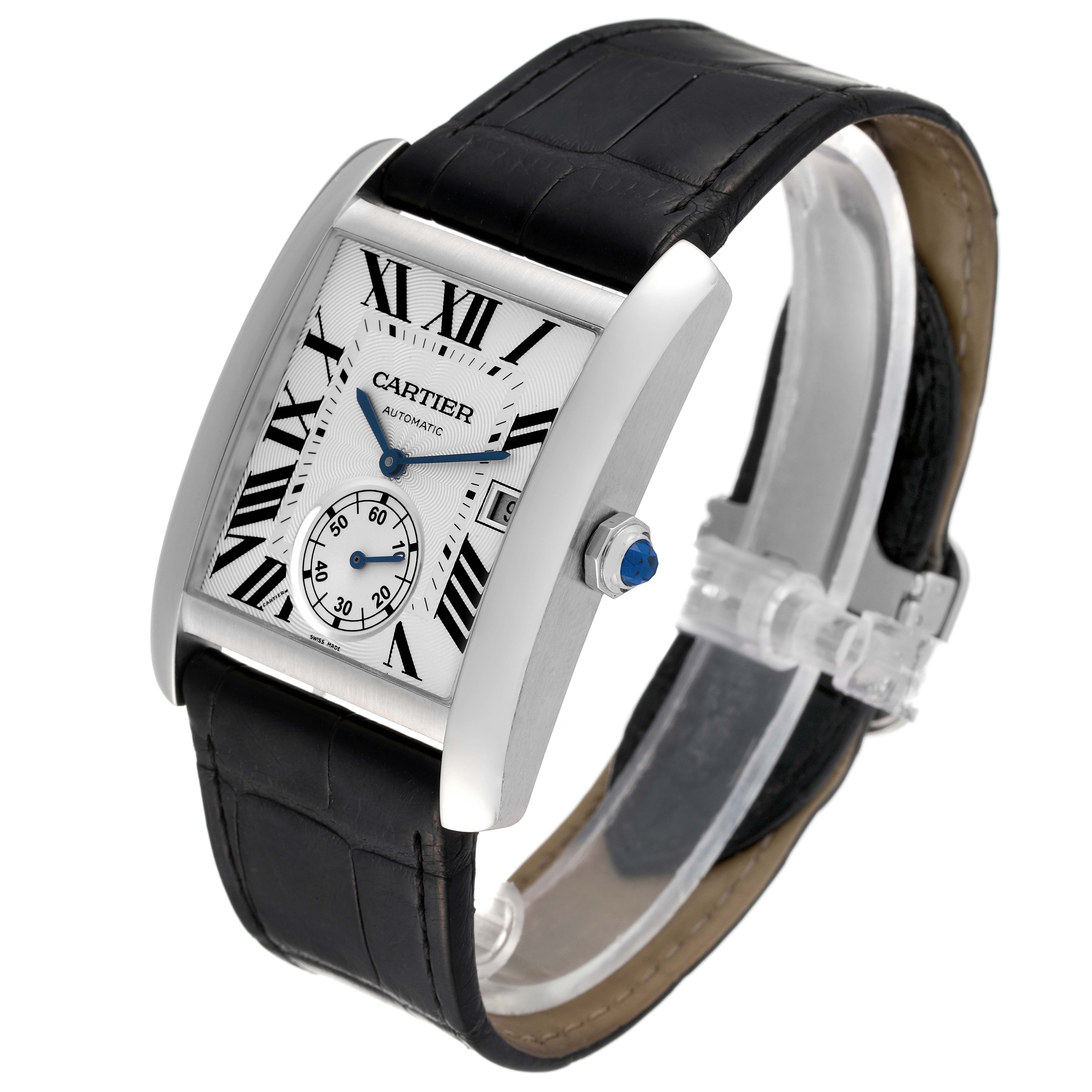 The Cartier Tank MC W5330003 Men's Stainless Steel Silver Dial W5330003 Men's Stainless Steel Silver Dial watch is shown at a three-quarter angle, displaying its face, crown, and black leather strap.