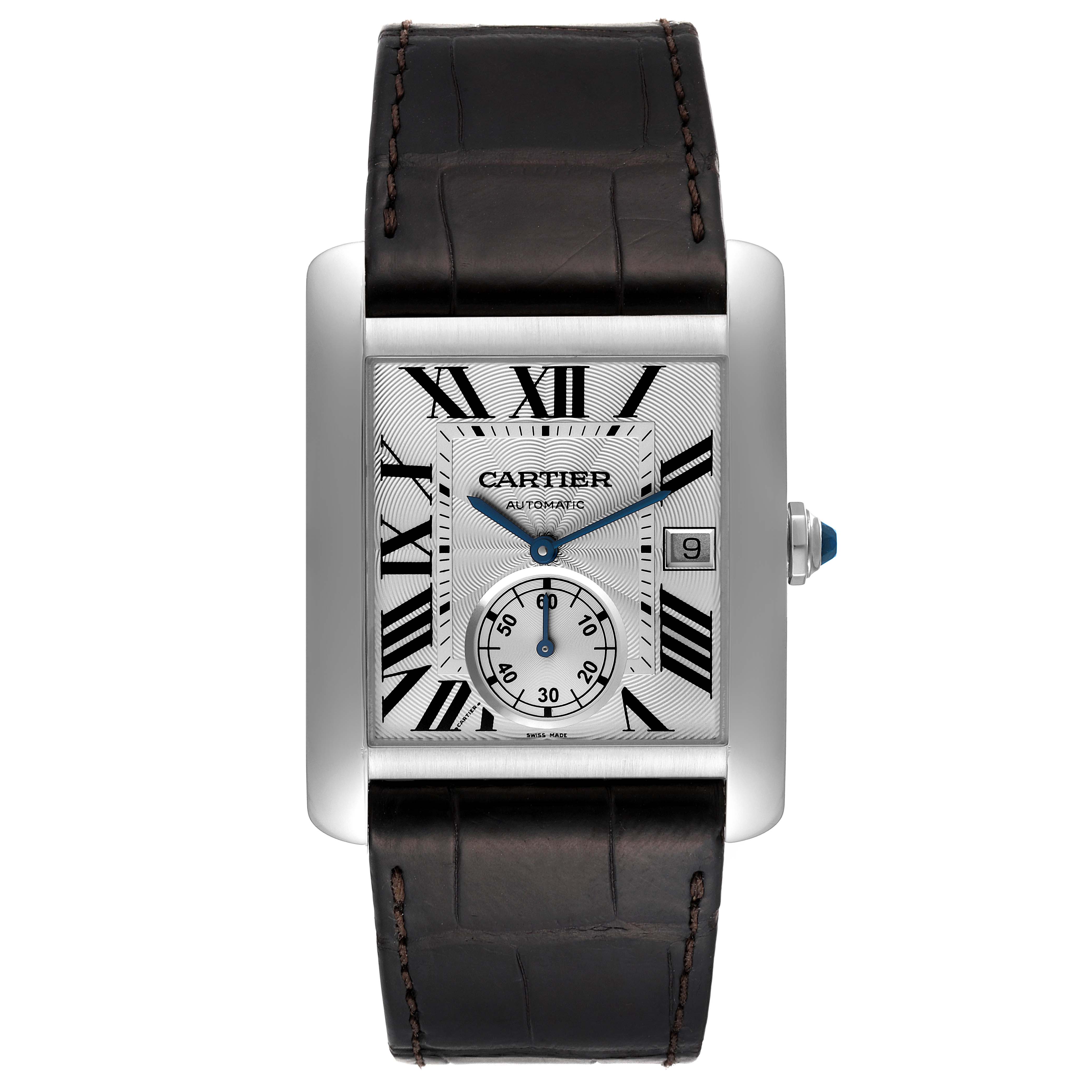 The Cartier Tank MC W5330003 Men
s Stainless Steel Silver Dial W5330003 Men
s Stainless Steel Silver Dial watch is shown from a frontal angle, highlighting its rectangular face, Roman numerals, and leather strap.