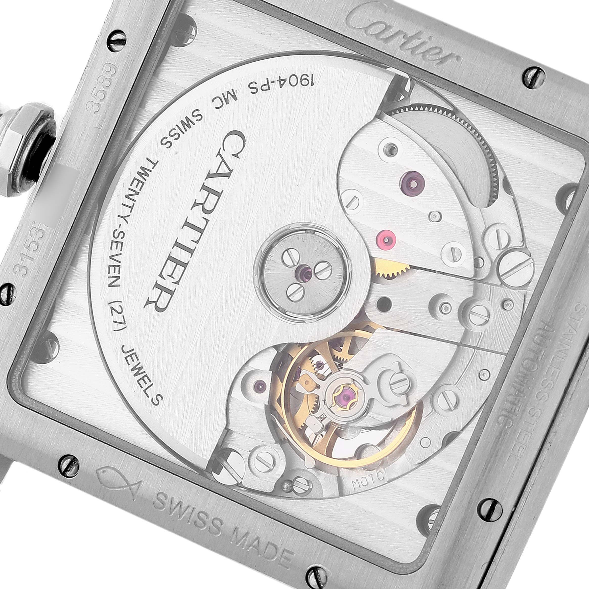 This image shows the back view of the Cartier Tank MC W5330003 Men
s Stainless Steel Silver Dial W5330003 Men
s Stainless Steel Silver Dial watch, highlighting its mechanical movement and inner mechanisms.