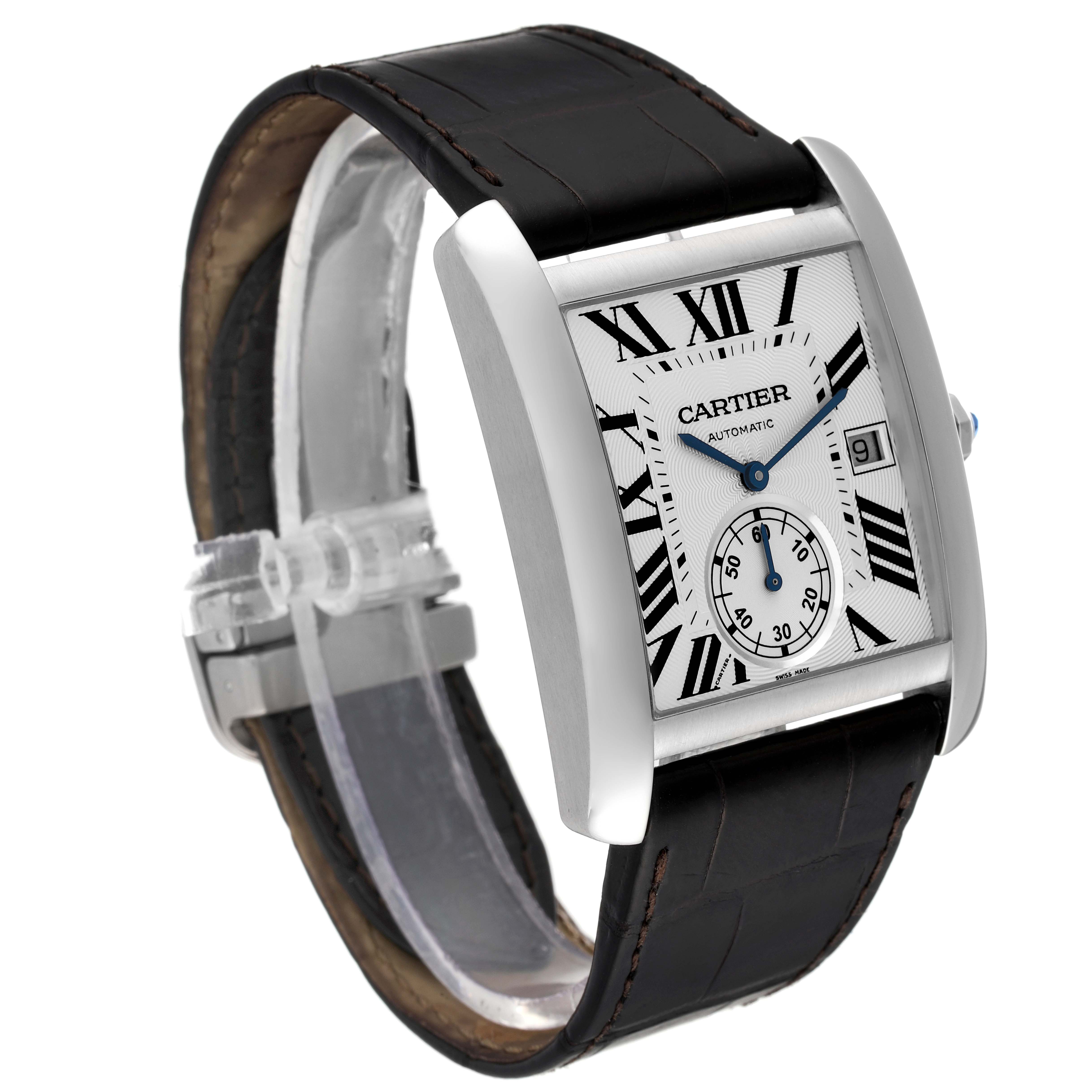 The image shows a front-angle view of the Cartier Tank MC W5330003 Men
s Stainless Steel Silver Dial W5330003 Men
s Stainless Steel Silver Dial watch, highlighting its face, strap, and side profile.