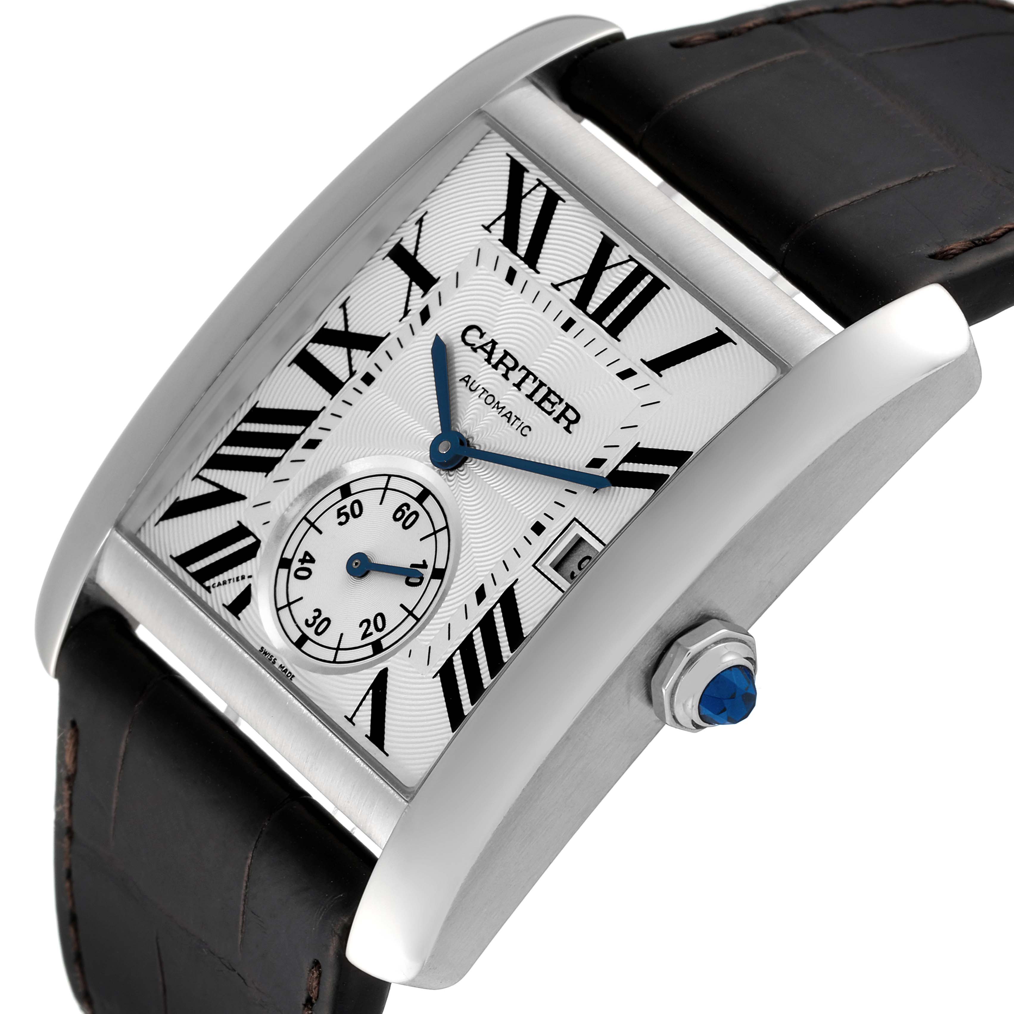 The image shows a close-up, angled view of the Cartier Tank MC W5330003 Men
s Stainless Steel Silver Dial W5330003 Men
s Stainless Steel Silver Dial watch, highlighting the face, crown, and part of the leather strap.