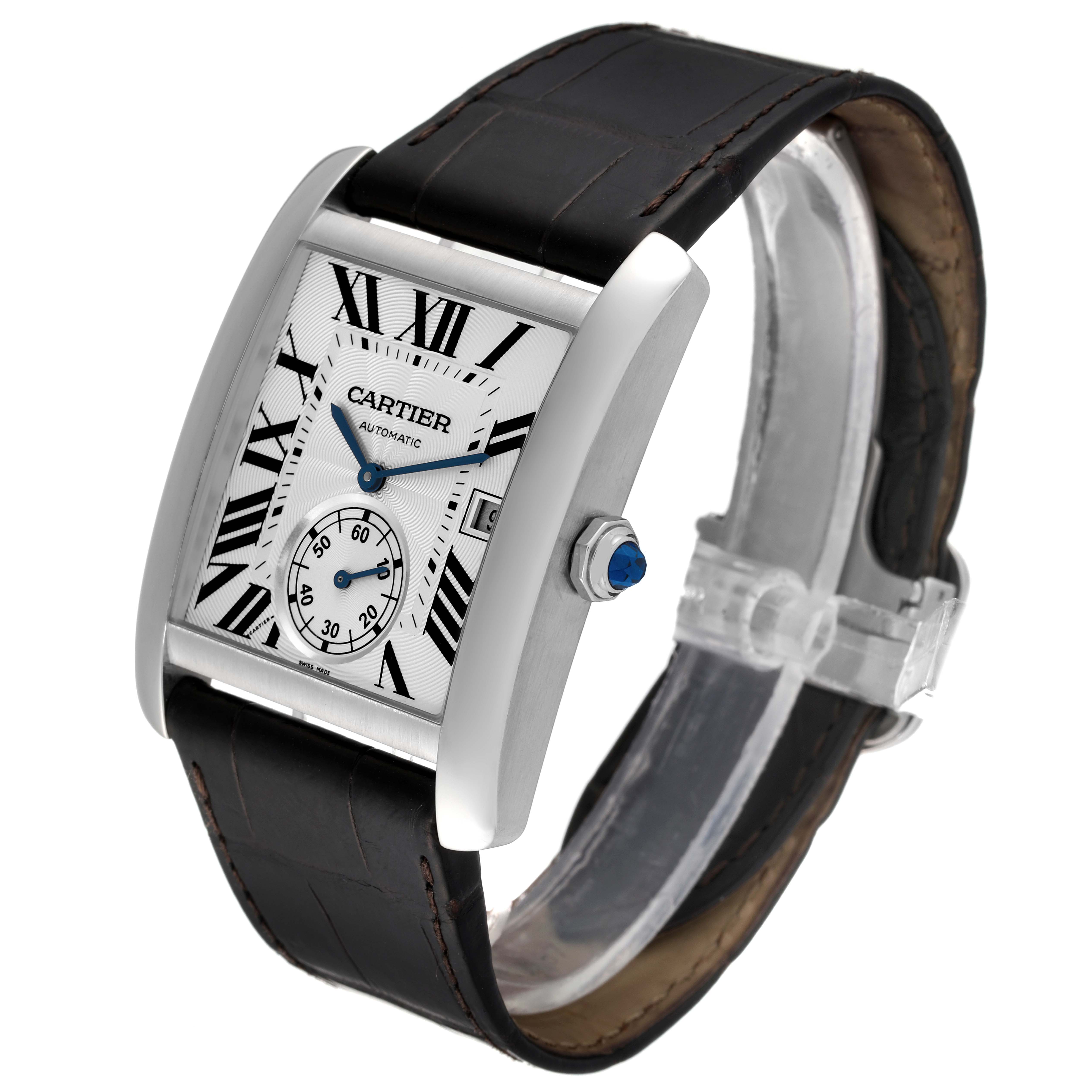 The image shows a Cartier Tank MC W5330003 Men
s Stainless Steel Silver Dial W5330003 Men
s Stainless Steel Silver Dial watch angled to display its face, bezel, crown, and leather strap.