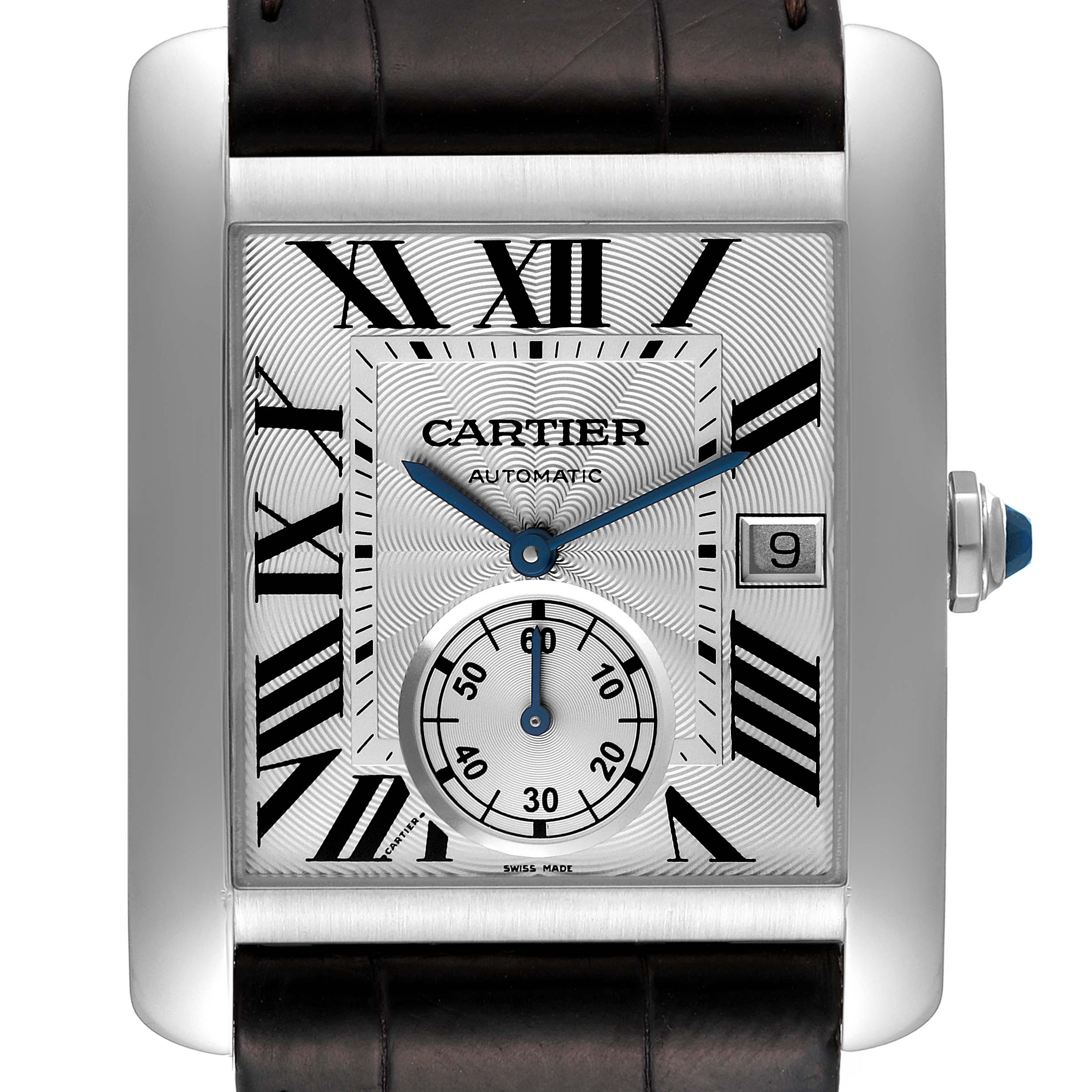 The image shows a front view of the Cartier Tank MC W5330003 Men
s Stainless Steel Silver Dial W5330003 Men
s Stainless Steel Silver Dial watch, featuring the dial, hands, date display, and part of the leather strap.