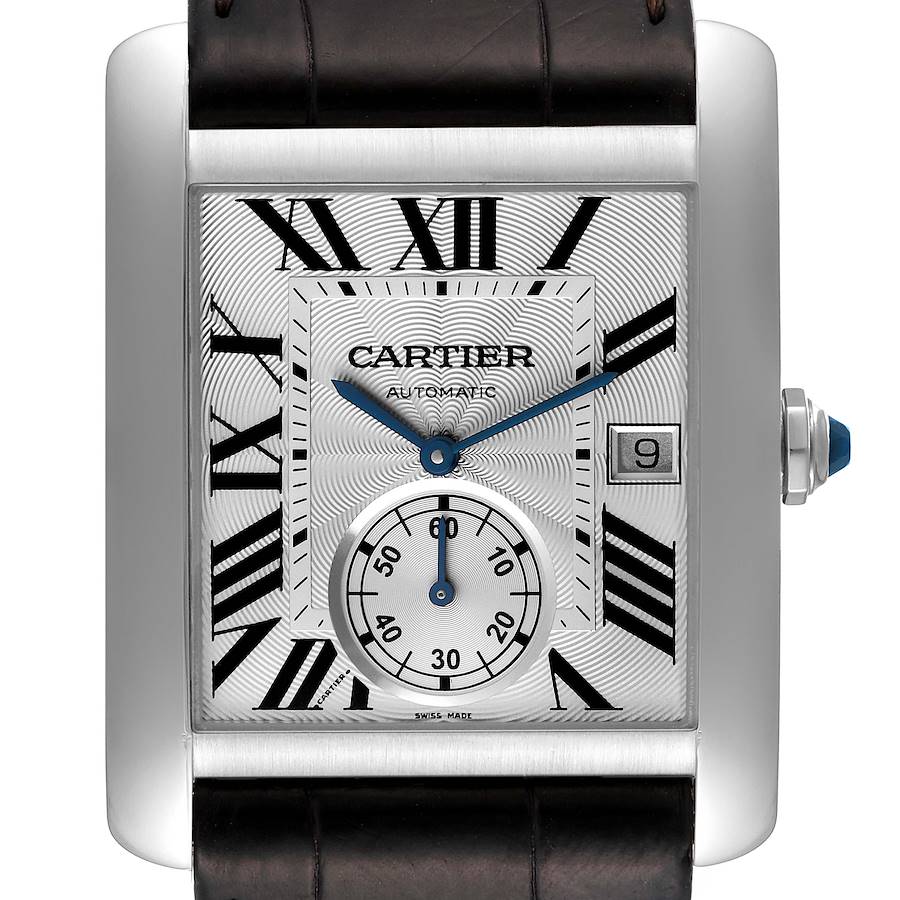 Cartier Tank MC Silver Dial Black Strap Steel Mens Watch W5330003 Box Papers SwissWatchExpo