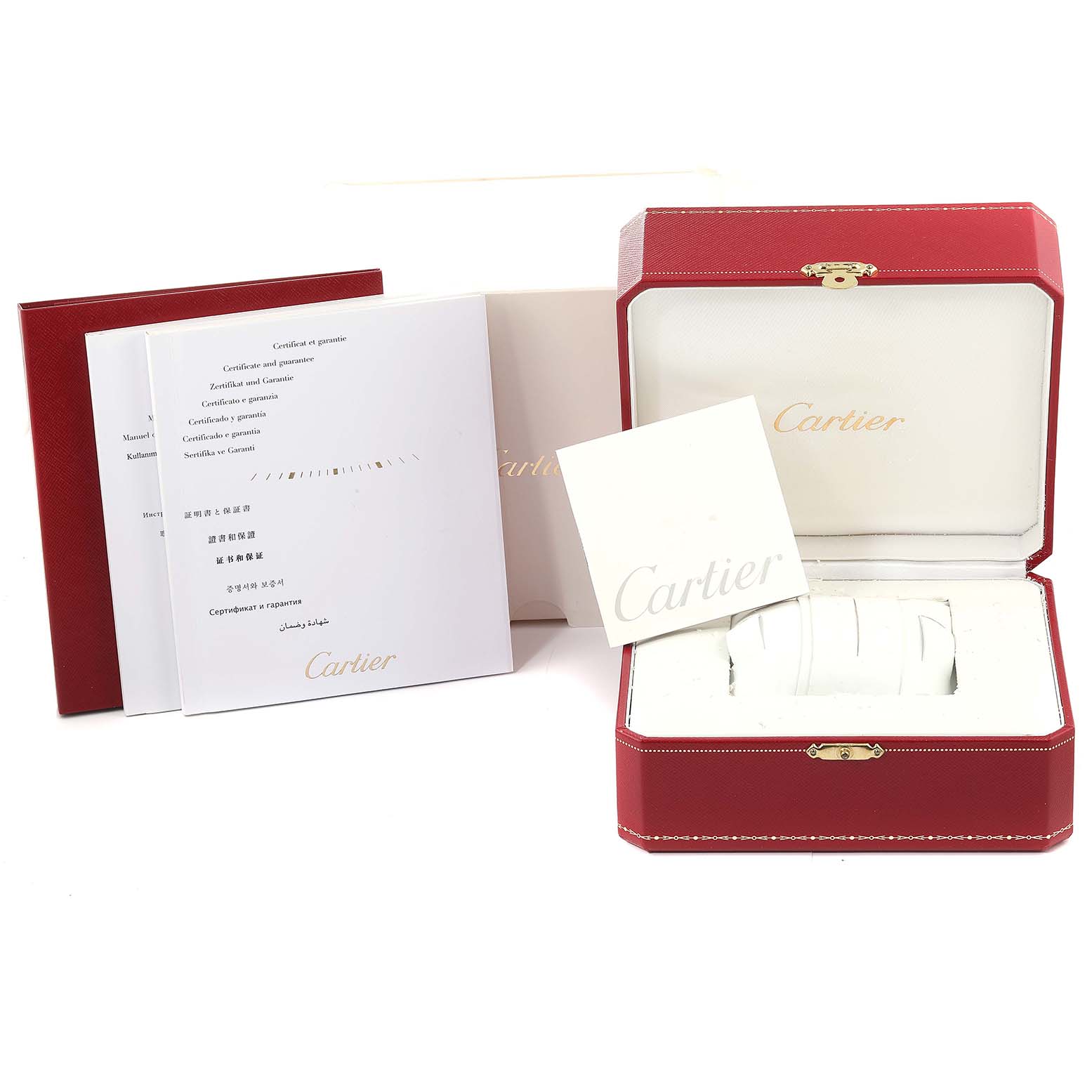 This image shows the packaging and accessories for the Cartier Tank MC W5330003 Men
s Stainless Steel Silver Dial W5330003 Men
s Stainless Steel Silver Dial watch, including the box, manual, and warranty card.
