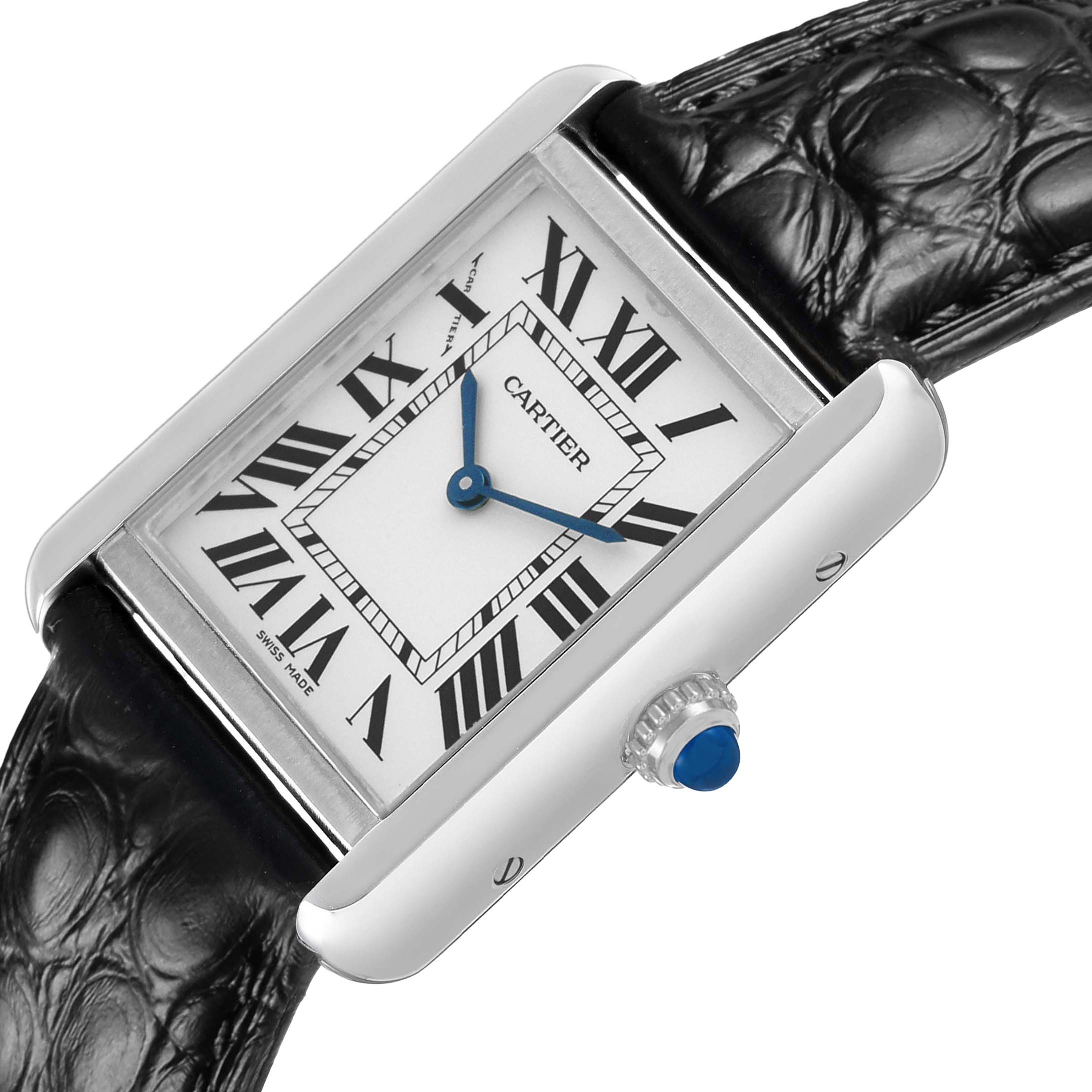 The Cartier Tank Solo WSTA0030 Women's Stainless Steel Silver Dial watch is shown at an angled view, highlighting the face, crown, and part of the strap.