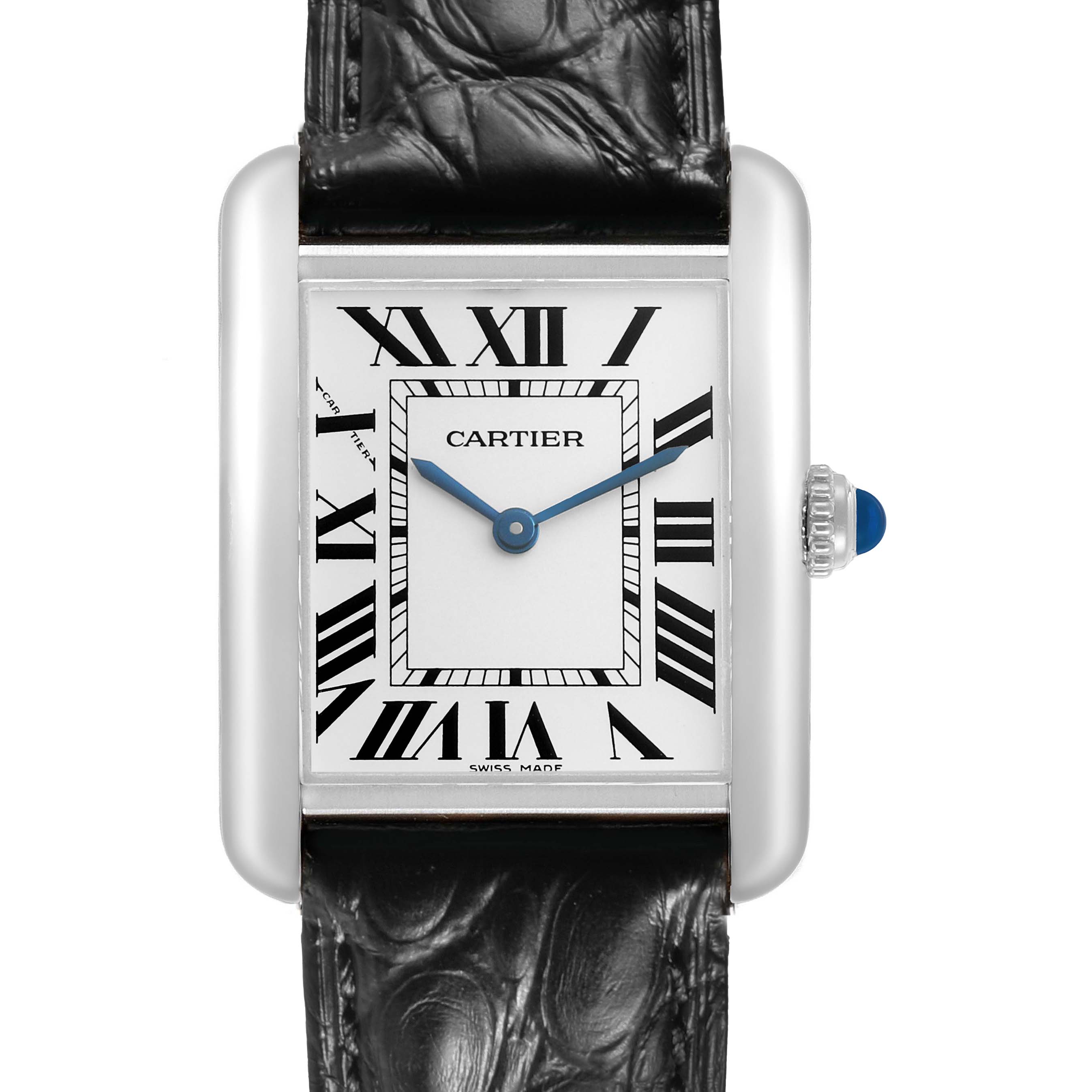 The image shows a Cartier Tank Solo WSTA0030 Women's Stainless Steel Silver Dial watch face head-on, highlighting the dial, Roman numerals, and crown with a blue cabochon.