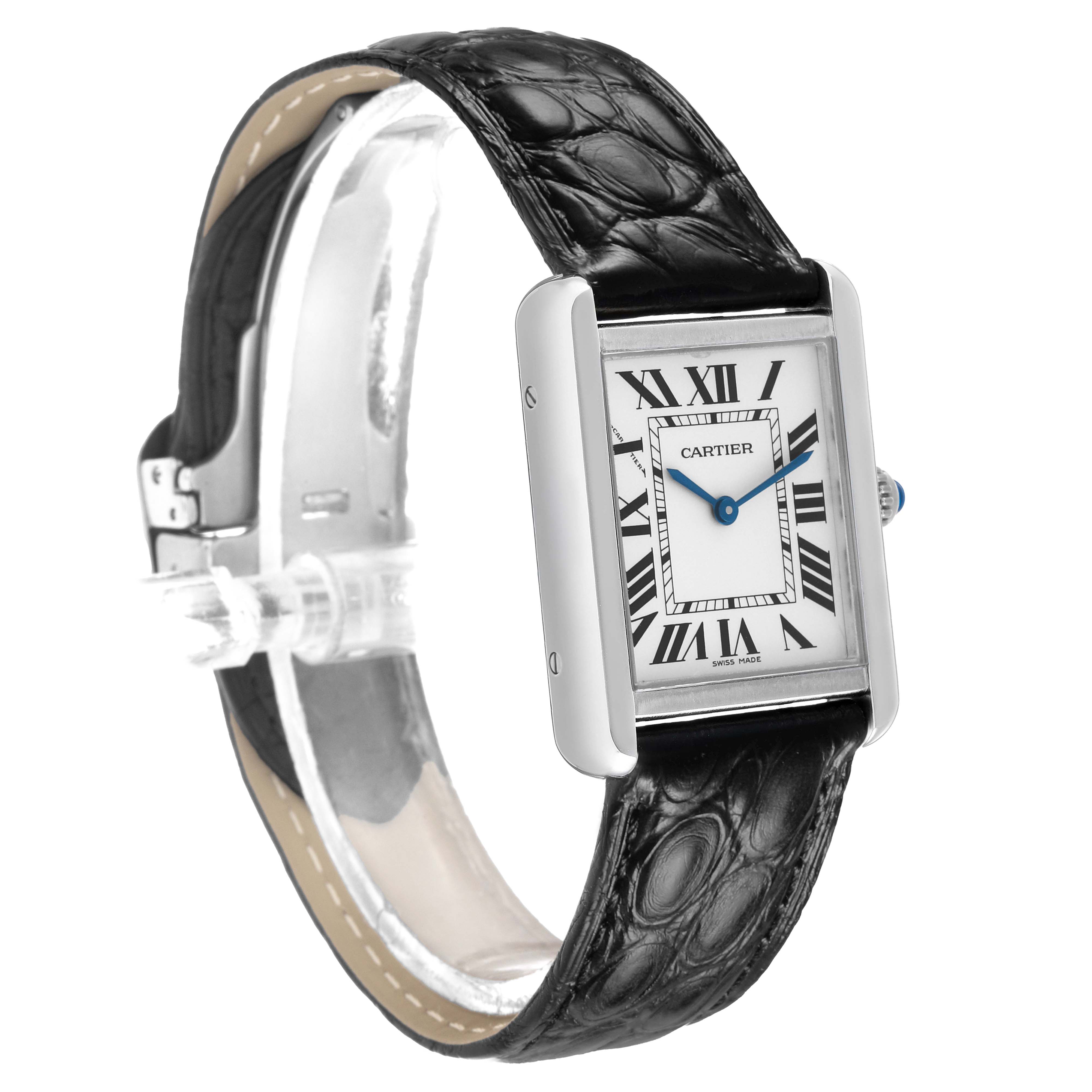 The Cartier Tank Solo WSTA0030 Women's Stainless Steel Silver Dial watch is shown at an angle highlighting the face, strap, and side.