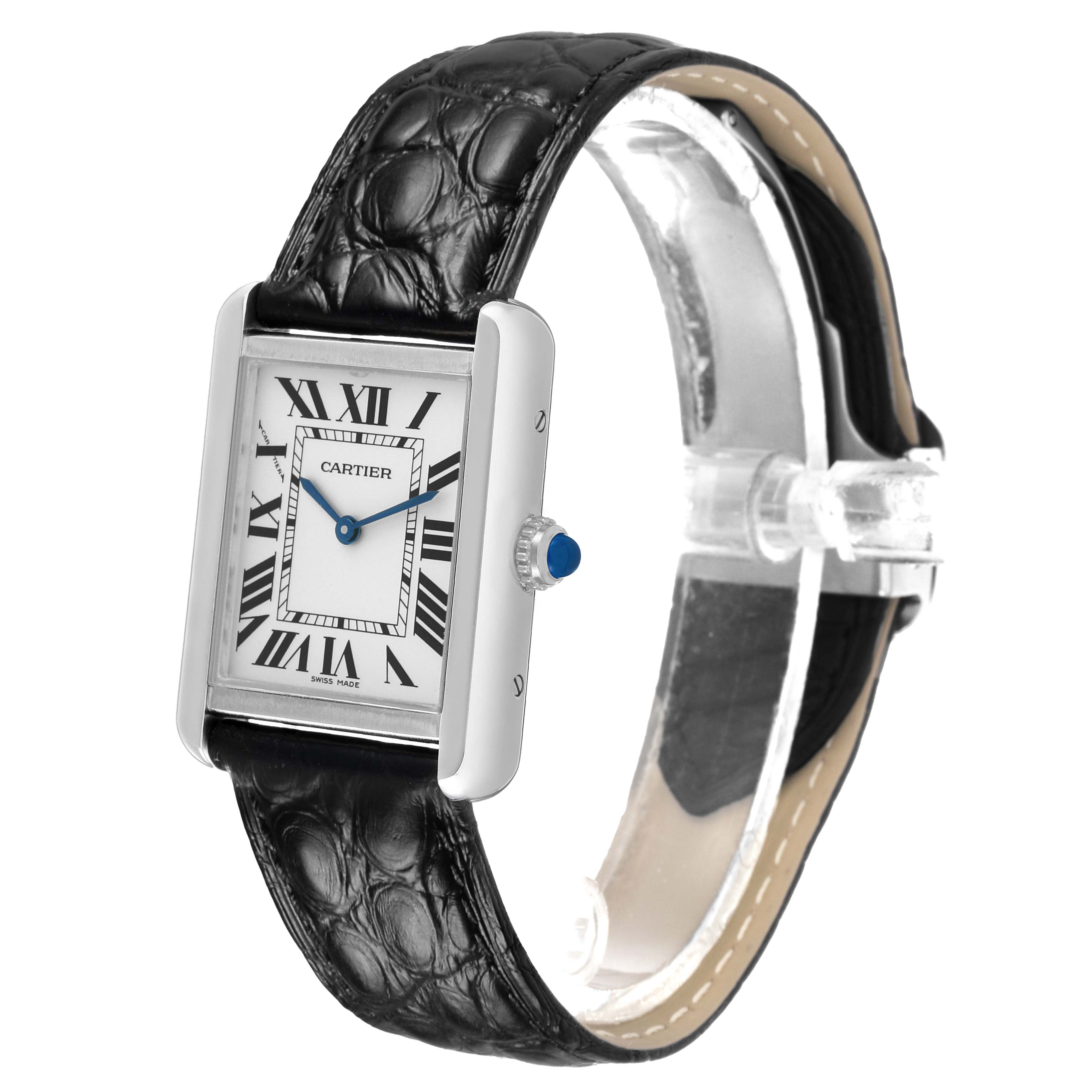 The Cartier Tank Solo WSTA0030 Women's Stainless Steel Silver Dial watch is shown at a slight angle, highlighting its rectangular face, Roman numerals, black strap, and crown.