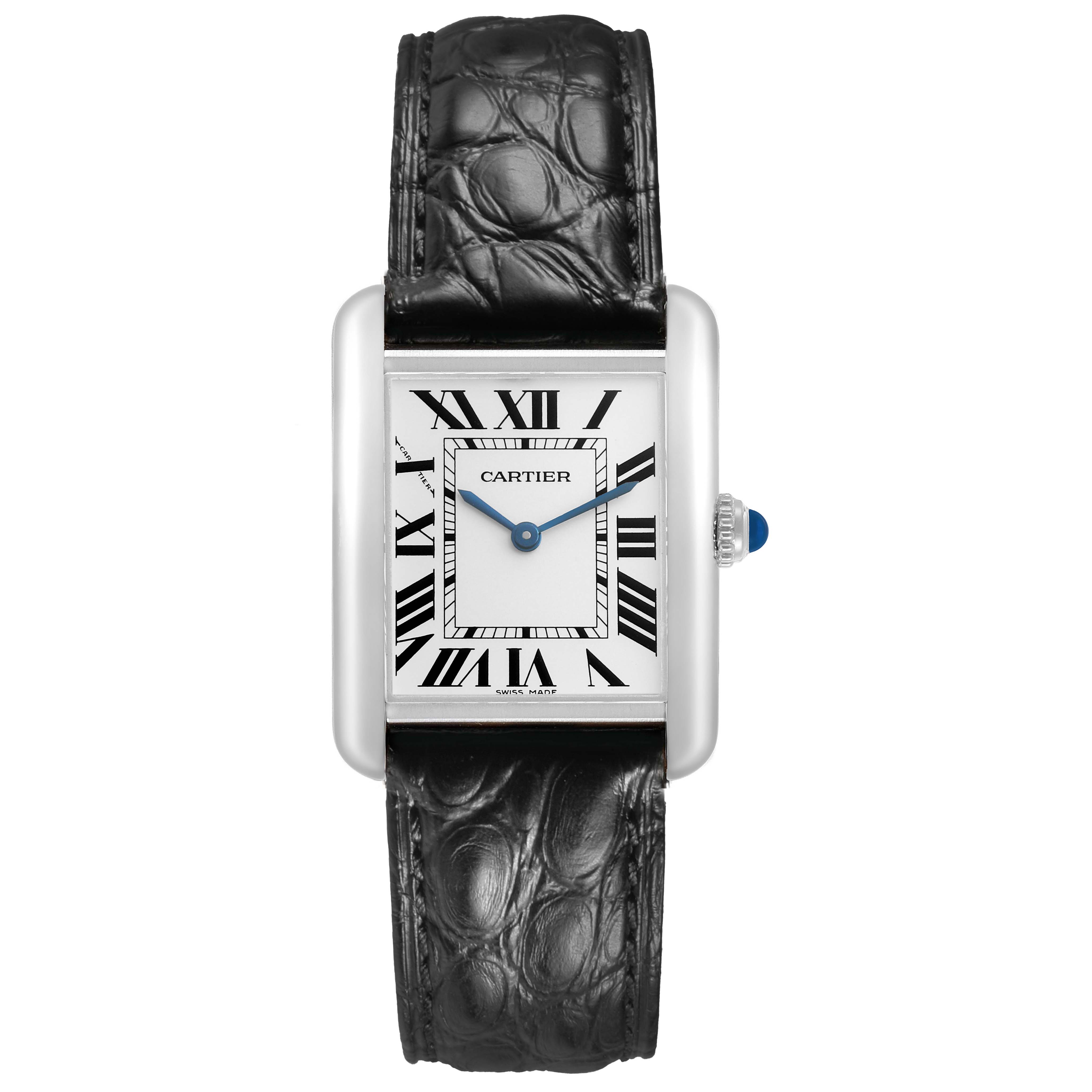 The Cartier Tank Solo WSTA0030 Women's Stainless Steel Silver Dial watch is shown from the front, displaying its face, Roman numerals, blue hands, and black leather strap.