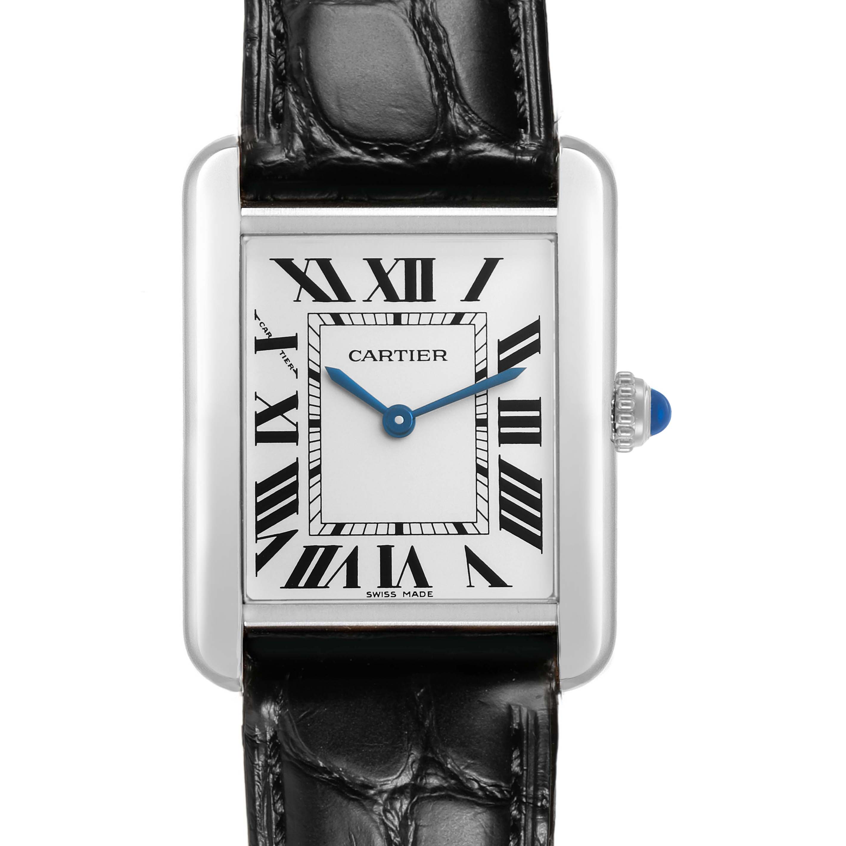 The Cartier Tank Solo WSTA0030 Women's Stainless Steel Silver Dial watch is shown from the front, displaying the face, Roman numerals, and a leather strap.