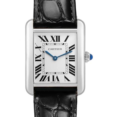 The image shows the Cartier Tank Solo WSTA0030 Women's Stainless Steel Silver Dial watch face, bezel, crown, and part of the leather strap from a front angle.