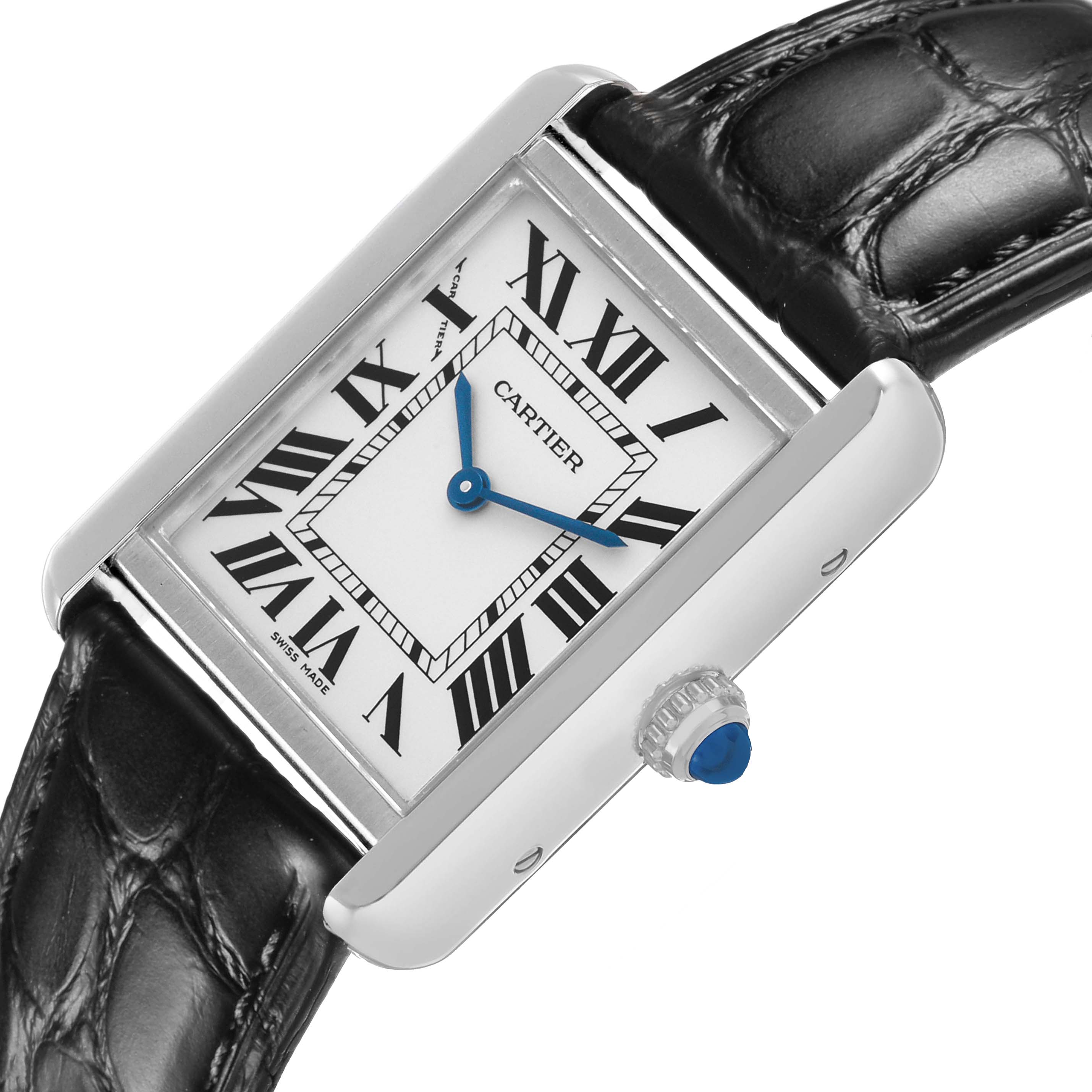 The Cartier Tank Solo WSTA0030 Women's Stainless Steel Silver Dial watch is shown at a slight angle, highlighting the face, Roman numerals, and the blue cabochon crown.