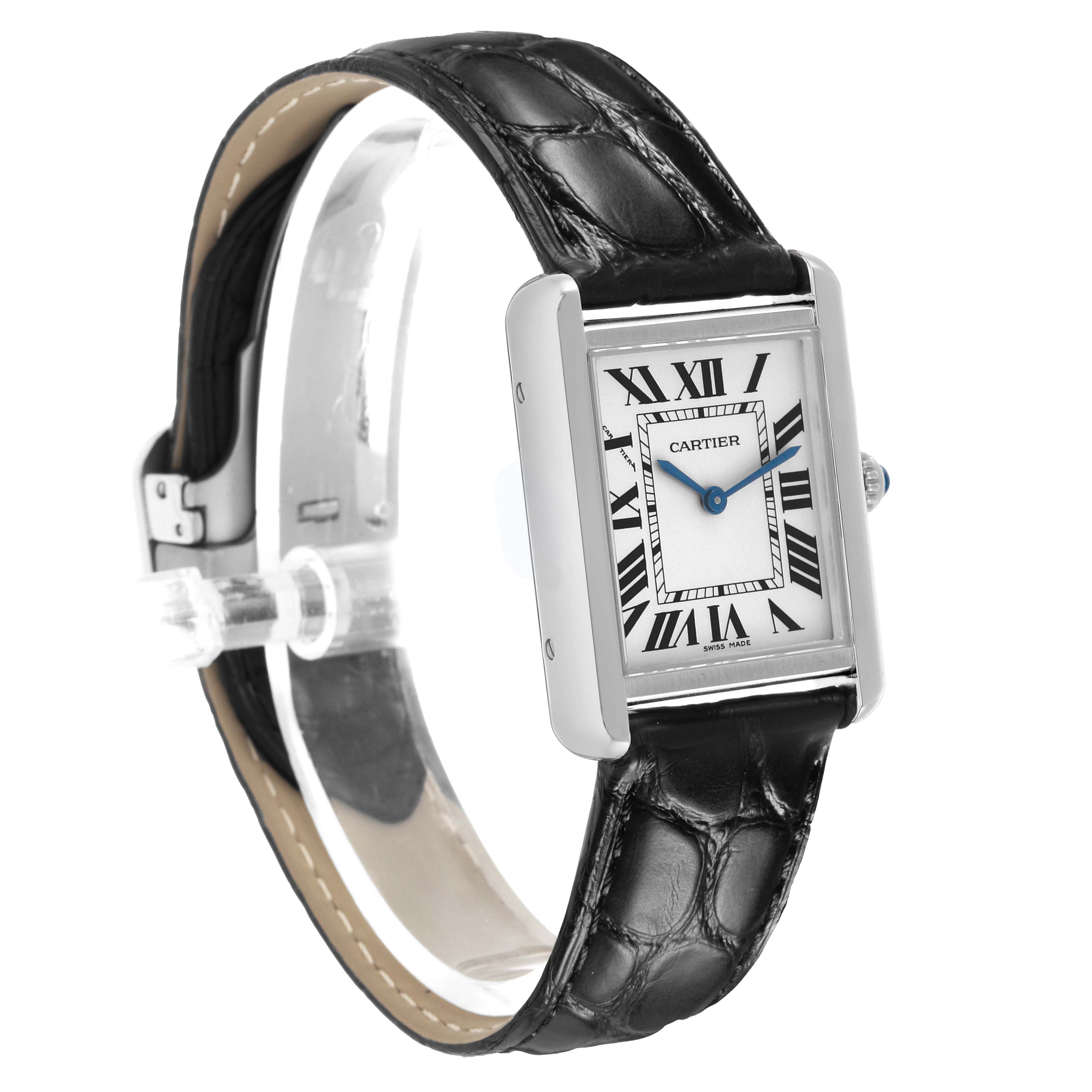 The Cartier Tank Solo WSTA0030 Women's Stainless Steel Silver Dial watch is shown at a side angle displaying its rectangular face, Roman numerals, and black leather strap.