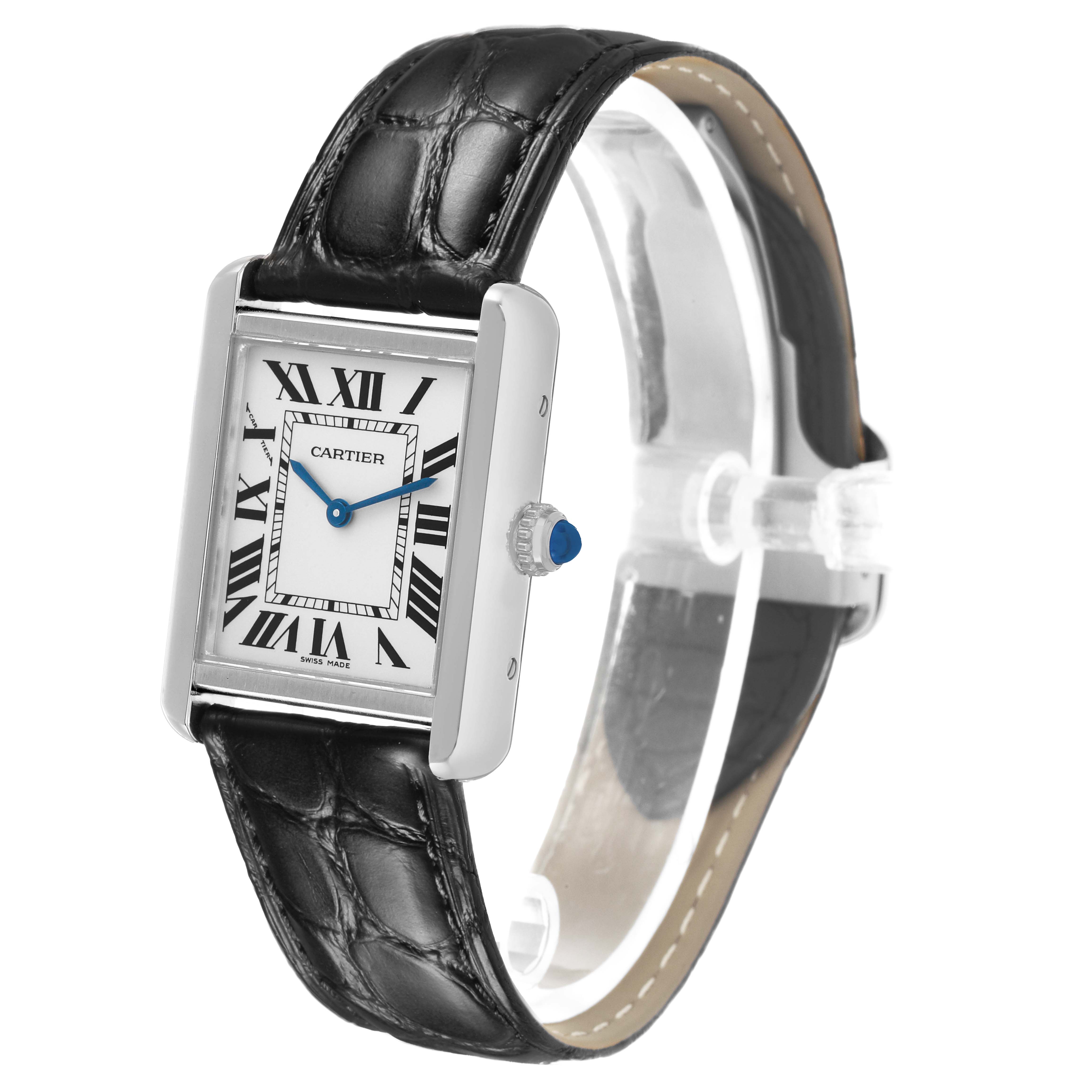 The Cartier Tank Solo WSTA0030 Women's Stainless Steel Silver Dial watch is shown at an angled side view, highlighting the face, crown, and black leather strap.