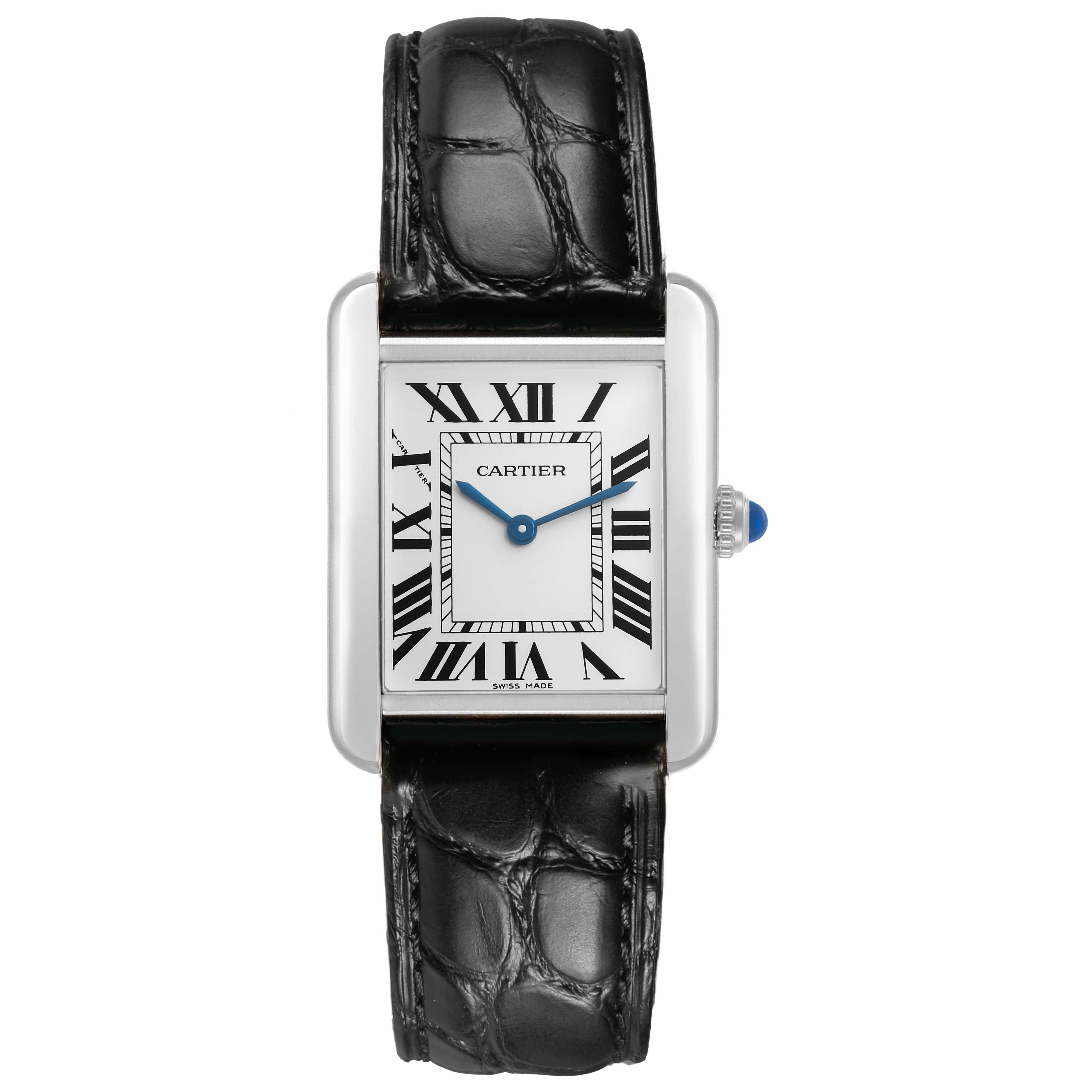 The Cartier Tank Solo WSTA0030 Women's Stainless Steel Silver Dial watch is shown from the front, displaying its rectangular face, Roman numerals, blue hands, and black leather strap.