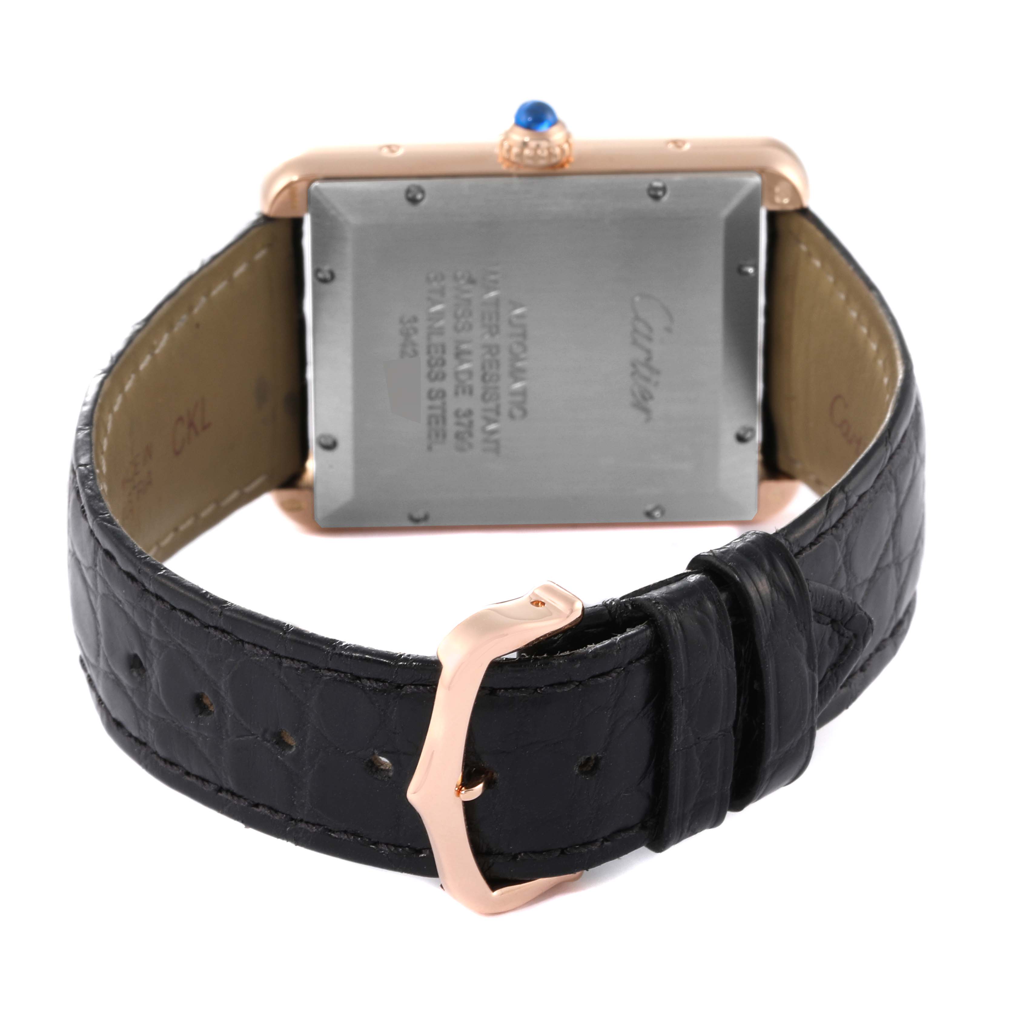 This image shows the back case, clasp, and strap of a Tank Solo watch by Cartier.