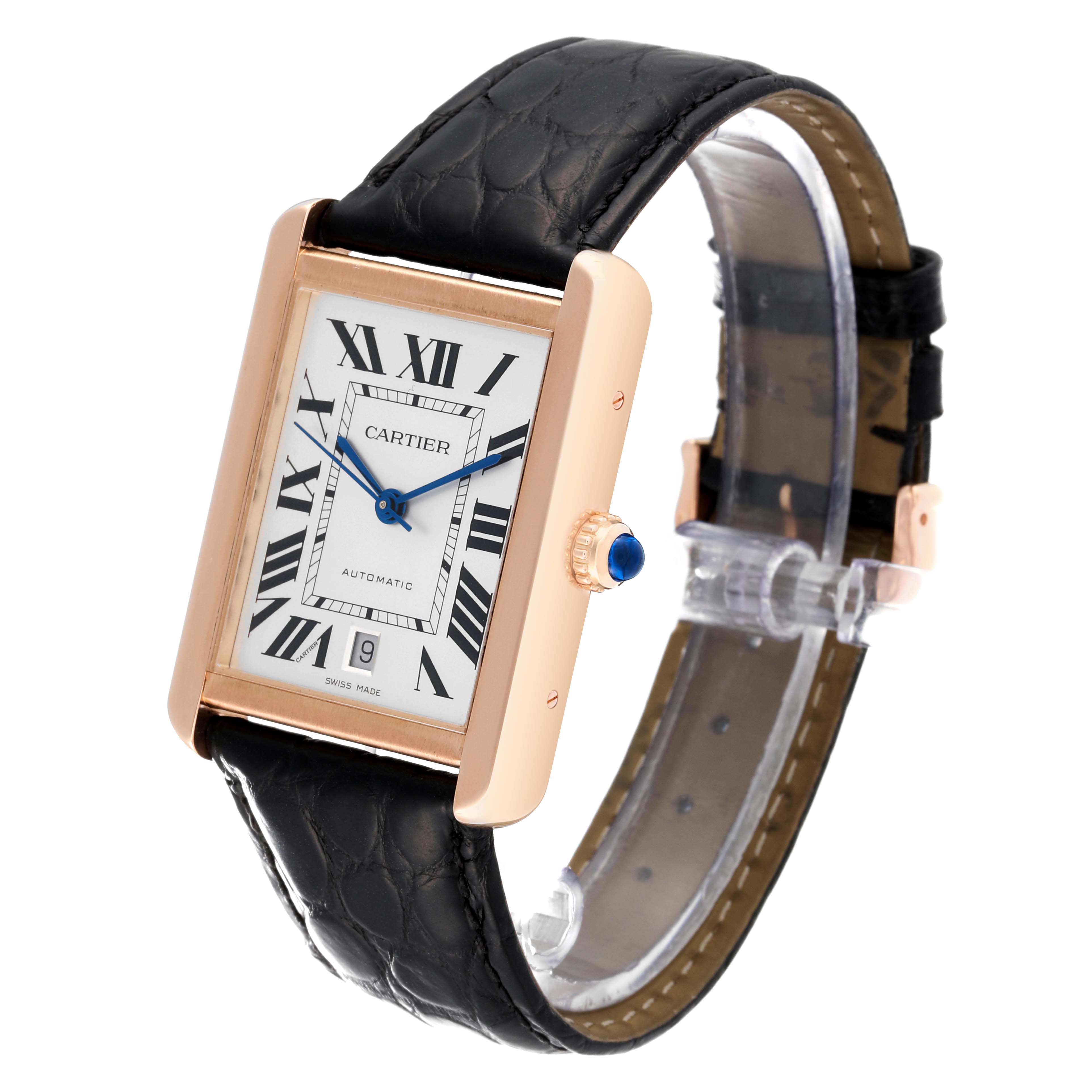 The image shows a Cartier Tank Solo W5200026 Men's Steel and Gold (two tone) Silver Dial W5200026 Men's Steel and Gold (two tone) Silver Dial watch with a leather strap at an angled front view, highlighting the dial, crown, and strap.