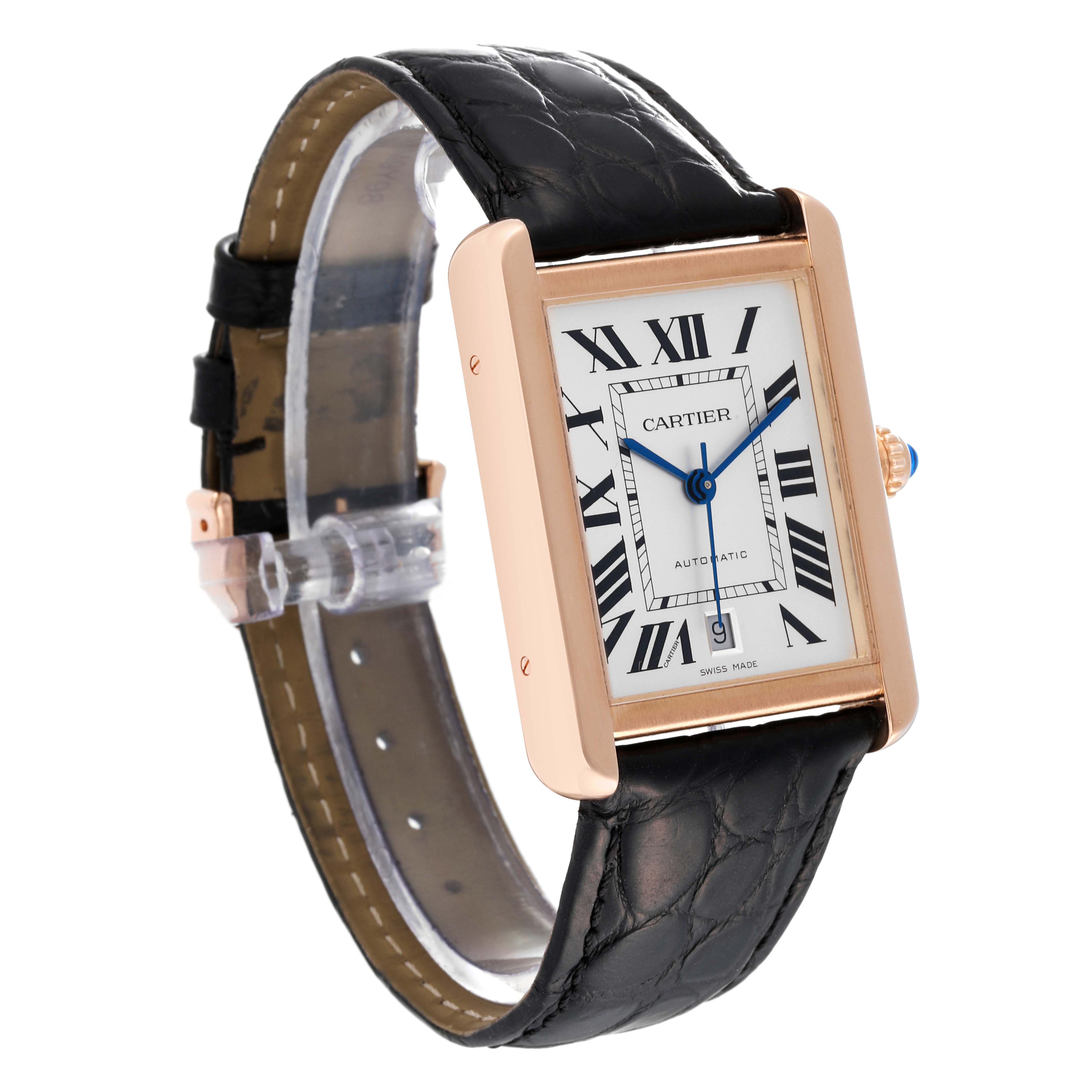 This image shows the Cartier Tank Solo W5200026 Men's Steel and Gold (two tone) Silver Dial W5200026 Men's Steel and Gold (two tone) Silver Dial watch at a slight angle, displaying its rectangular face, Roman numerals, and black leather strap.