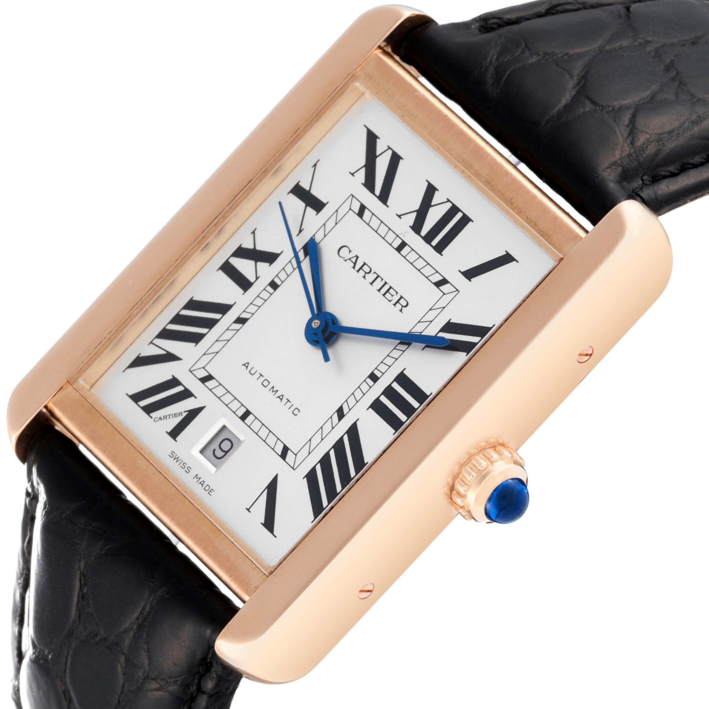 The Cartier Tank Solo W5200026 Men's Steel and Gold (two tone) Silver Dial W5200026 Men's Steel and Gold (two tone) Silver Dial watch is shown at an angled view, displaying its face, crown, and part of its leather strap.