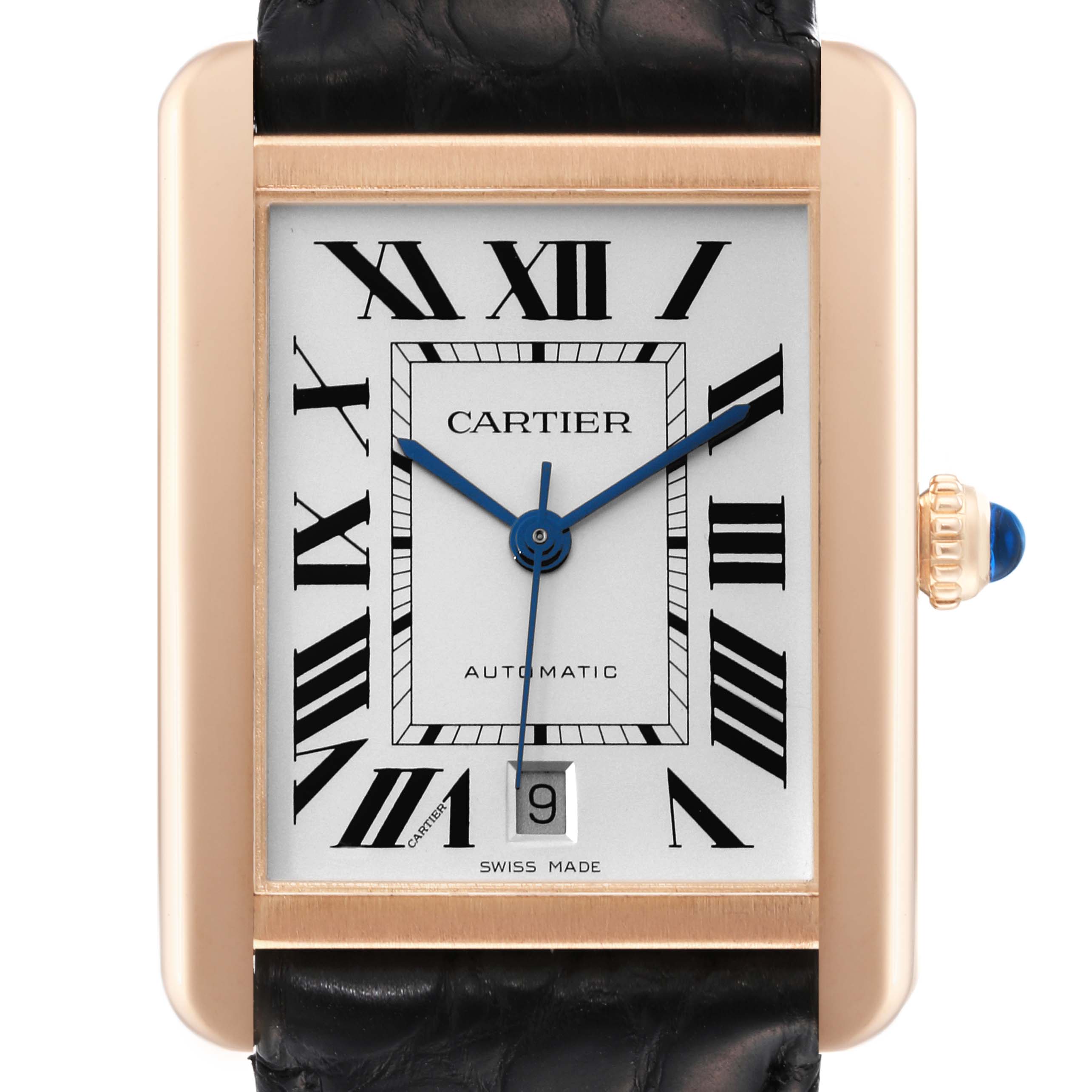 This image shows a frontal view of a Cartier Tank Solo W5200026 Men's Steel and Gold (two tone) Silver Dial W5200026 Men's Steel and Gold (two tone) Silver Dial watch, highlighting the dial, hands, and date window.