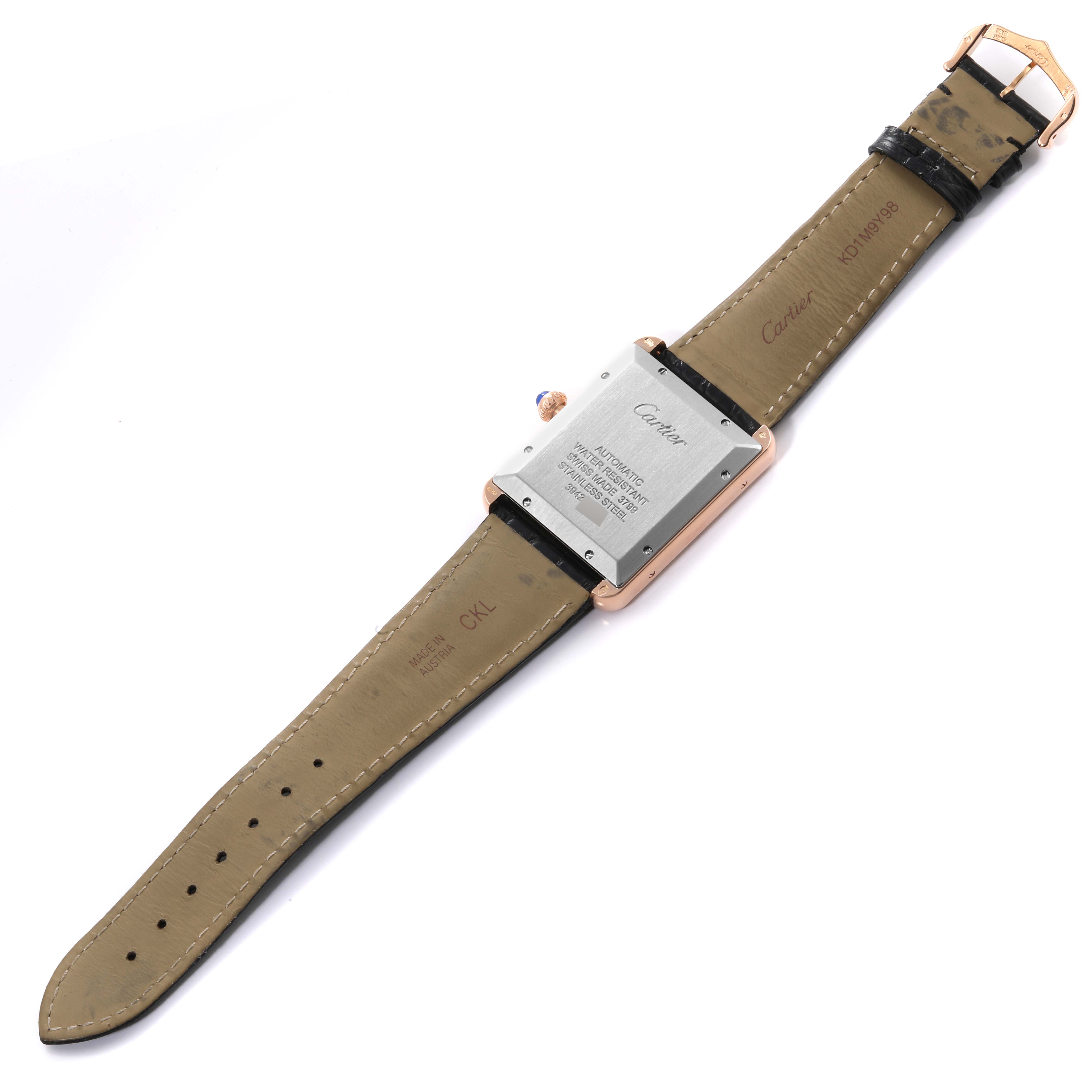 The image shows the back view of a Cartier Tank Solo W5200026 Men's Steel and Gold (two tone) Silver Dial W5200026 Men's Steel and Gold (two tone) Silver Dial watch, highlighting the case back and leather strap.