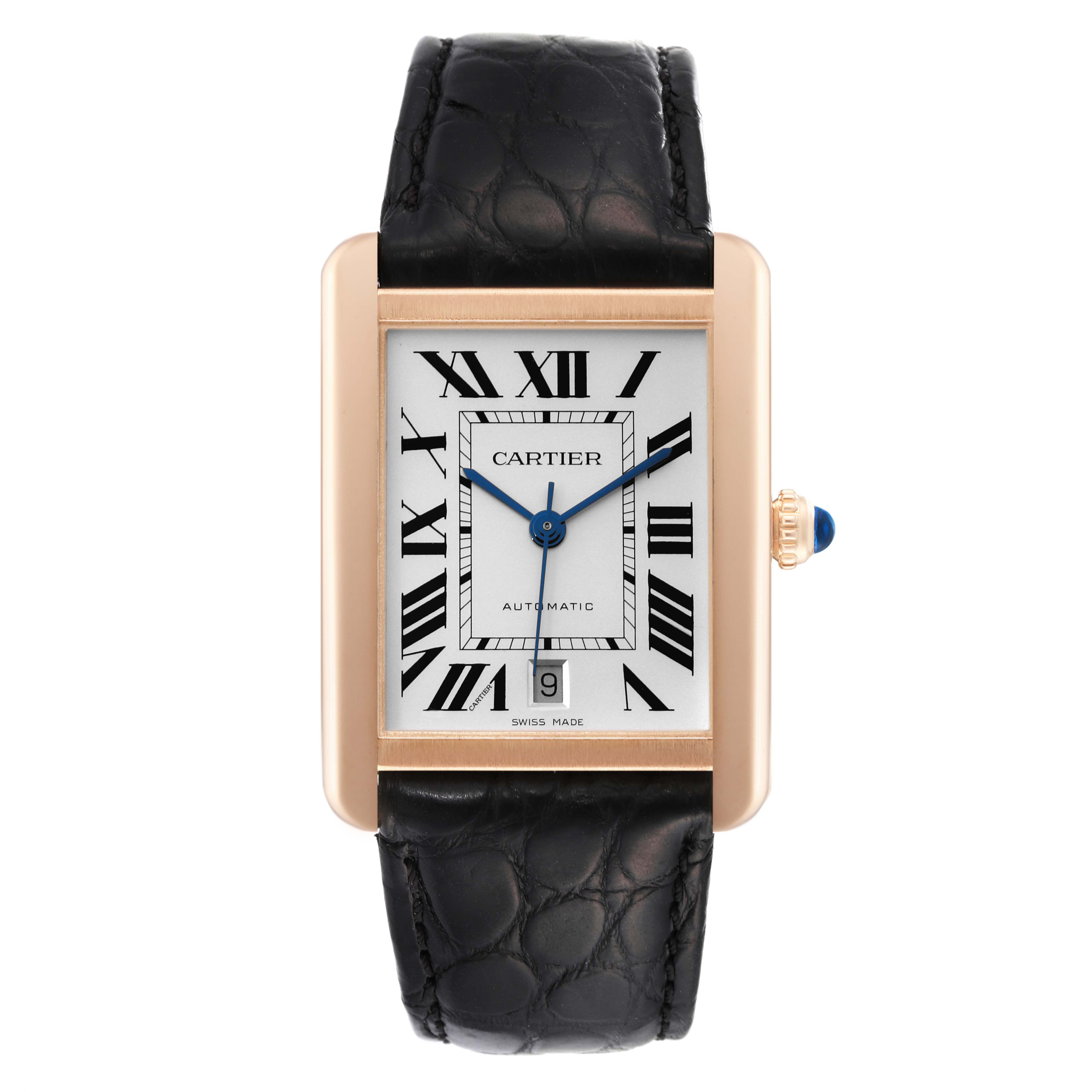 The Cartier Tank Solo W5200026 Men's Steel and Gold (two tone) Silver Dial W5200026 Men's Steel and Gold (two tone) Silver Dial watch is shown from a top-down view, displaying its face, hands, crown, and leather strap.