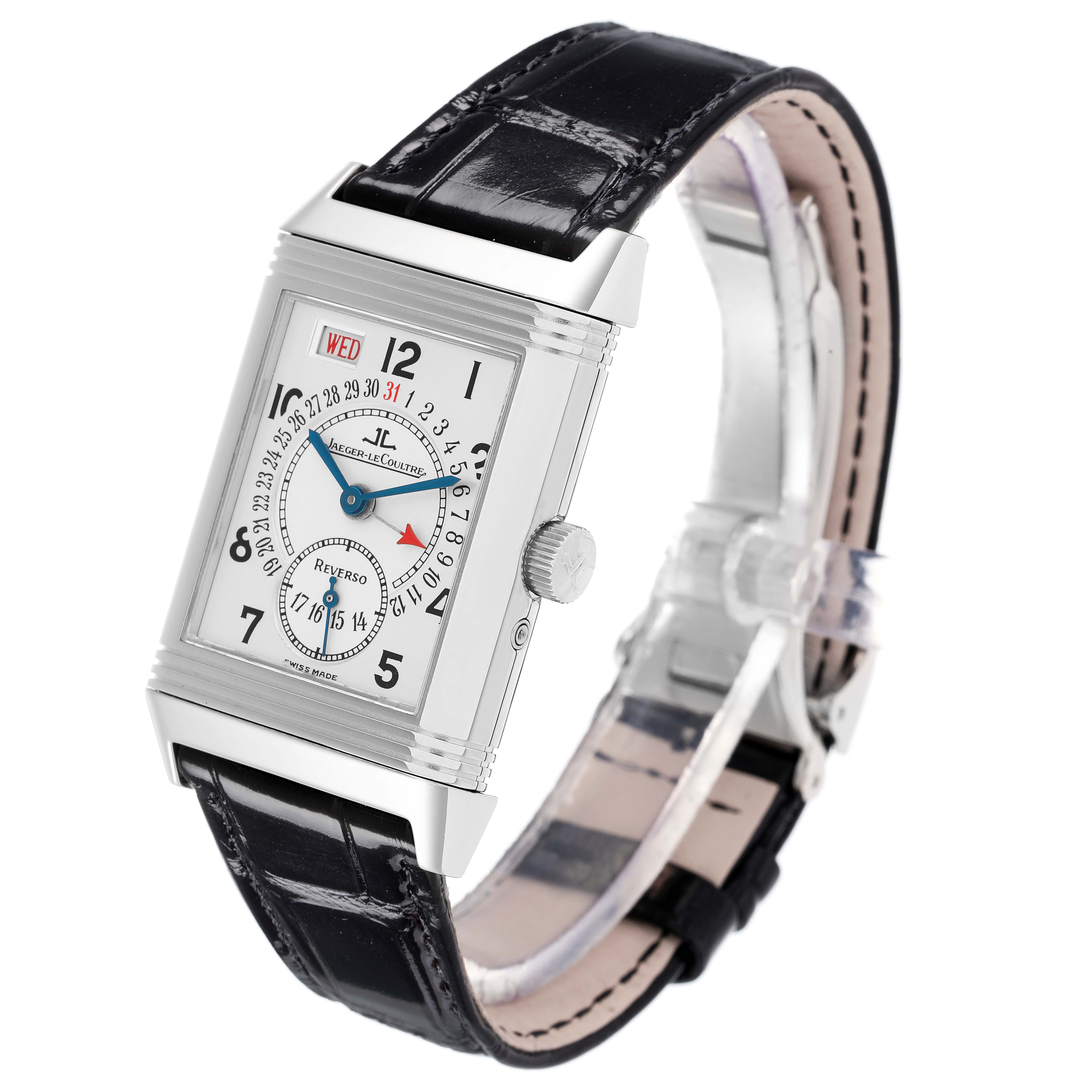 The Jaeger-LeCoultre Reverso watch is shown from a three-quarter angle displaying its face, crown, and leather strap.