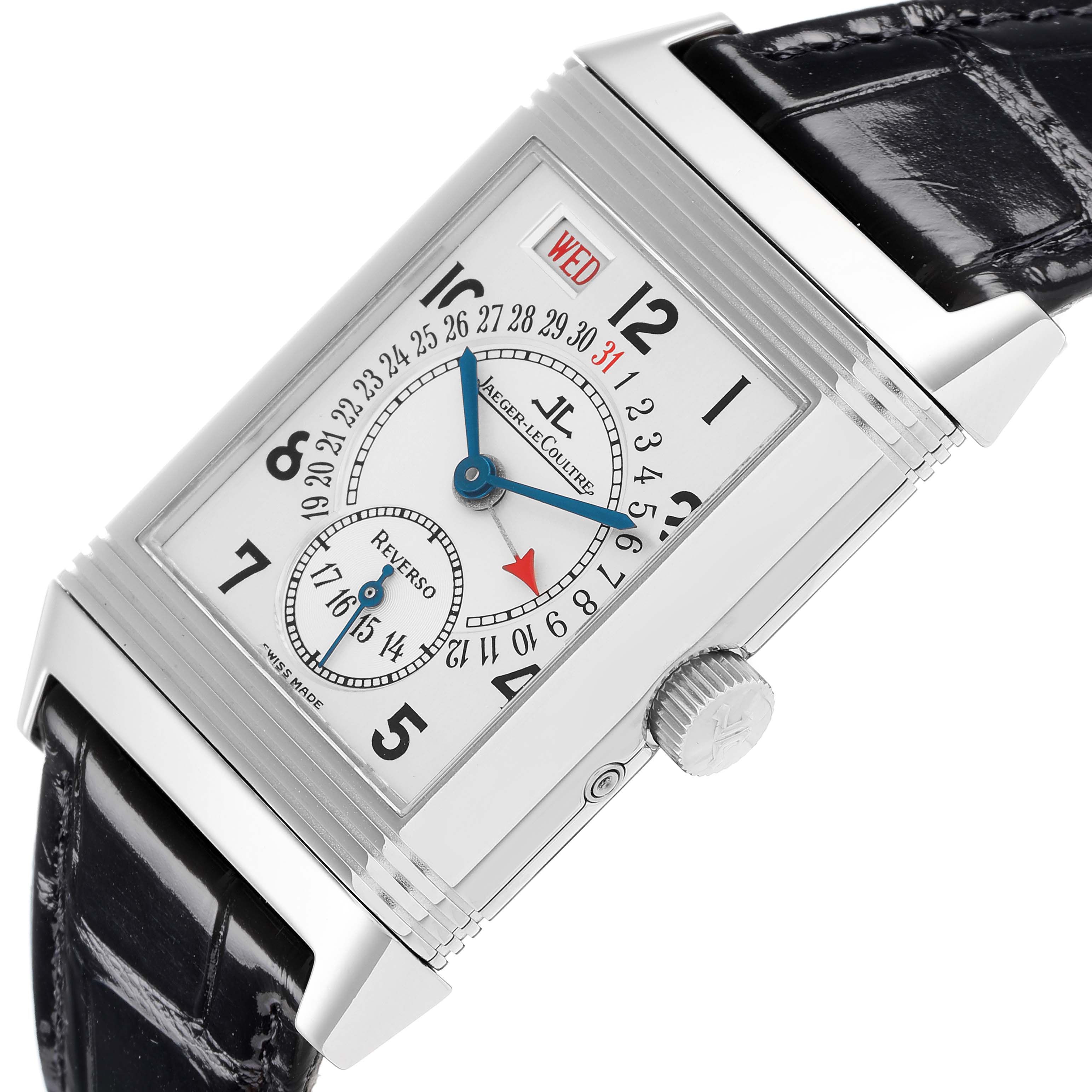 The Jaeger-LeCoultre Reverso watch is shown at a slight angle, highlighting the rectangular face, crown, and textured leather strap.