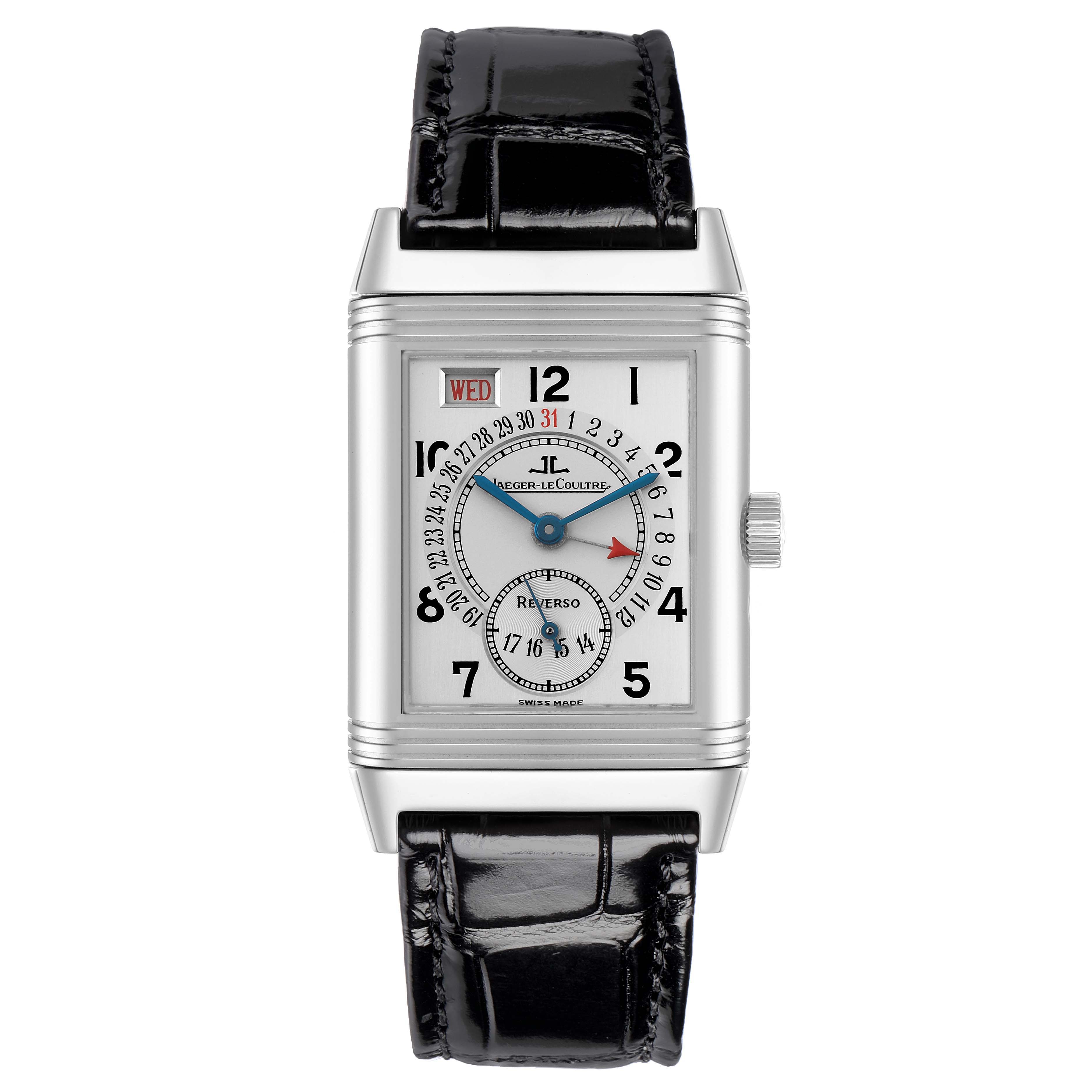 The Jaeger-LeCoultre Reverso watch is shown from a front angle, highlighting its dial, case, and leather strap.