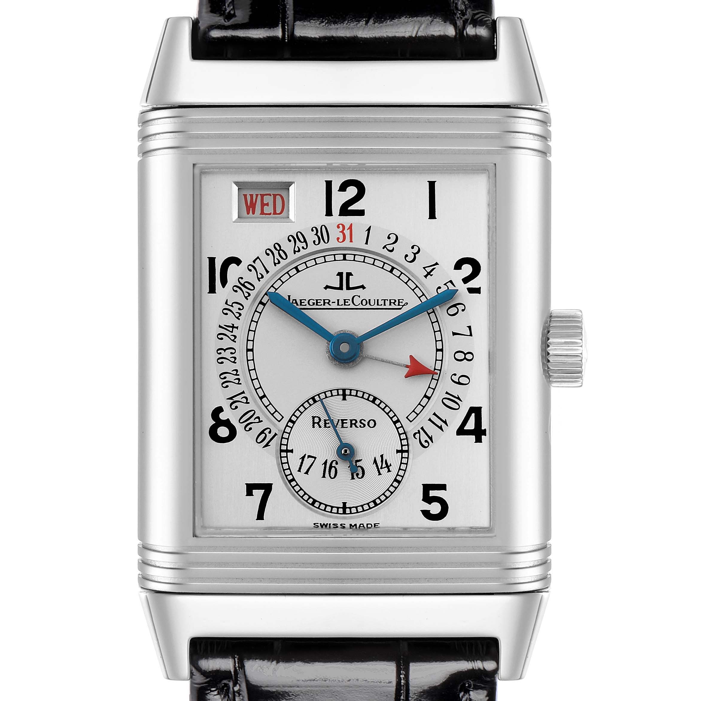 The Jaeger-LeCoultre Reverso watch is shown from the front, displaying the dial, hands, and crown.