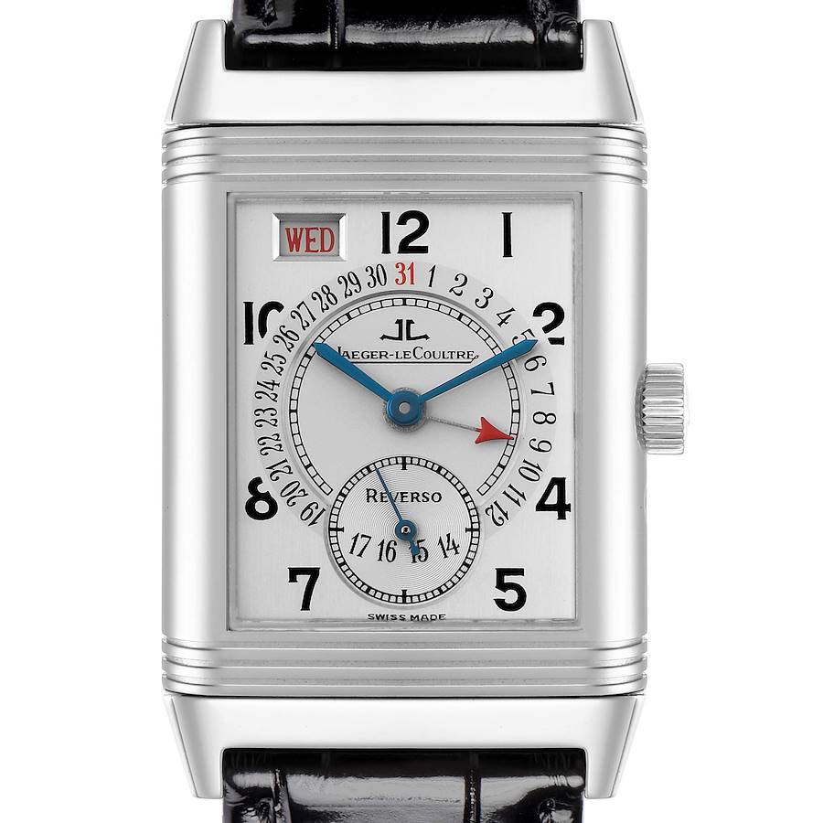 The image shows a frontal view of the Jaeger LeCoultre Reverso model Q273842A men's watch, highlighting its rectangular face, numerals, date display, and crown.