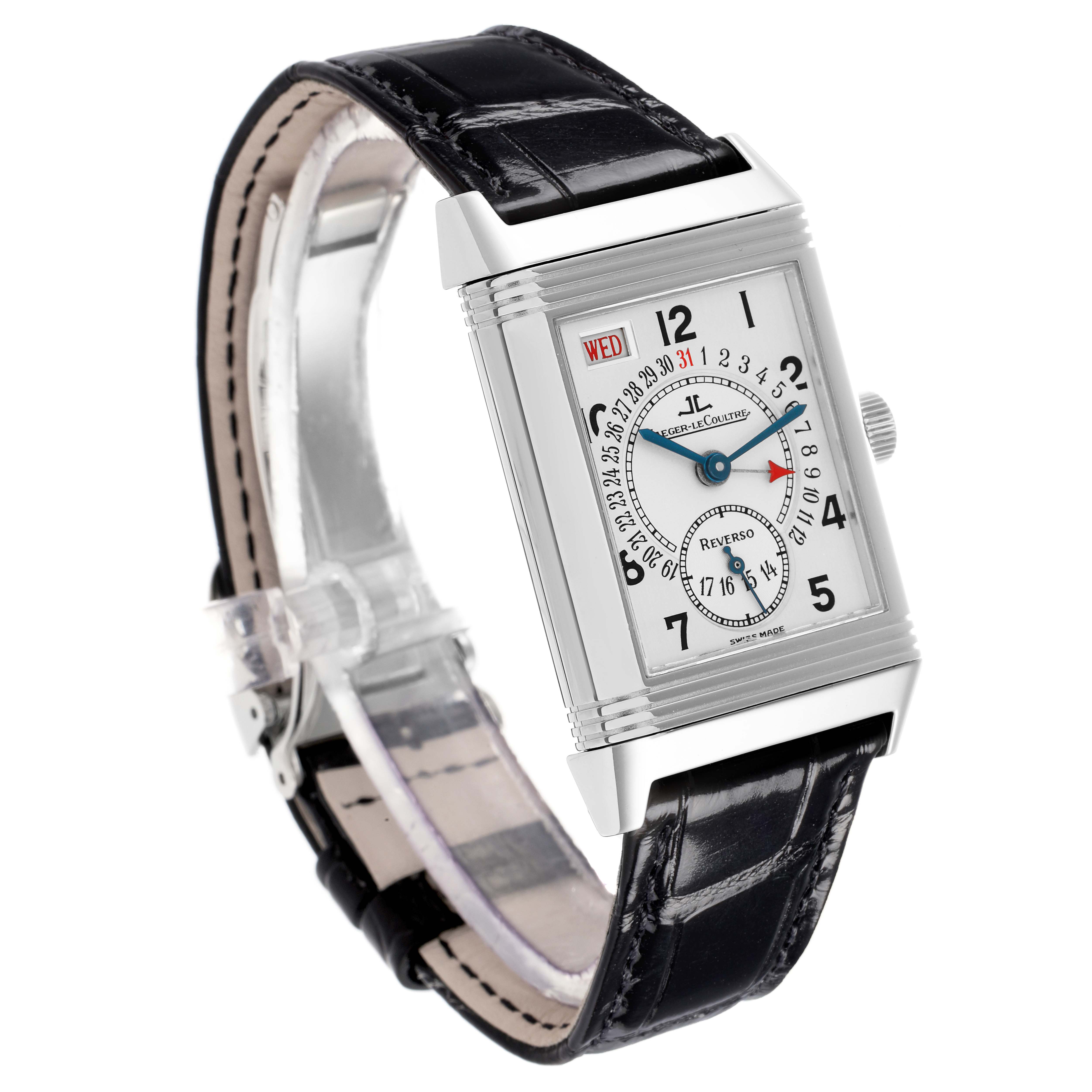 The Jaeger-LeCoultre Reverso model is shown at a slight angle, displaying the watch face, case, strap, and side crown.