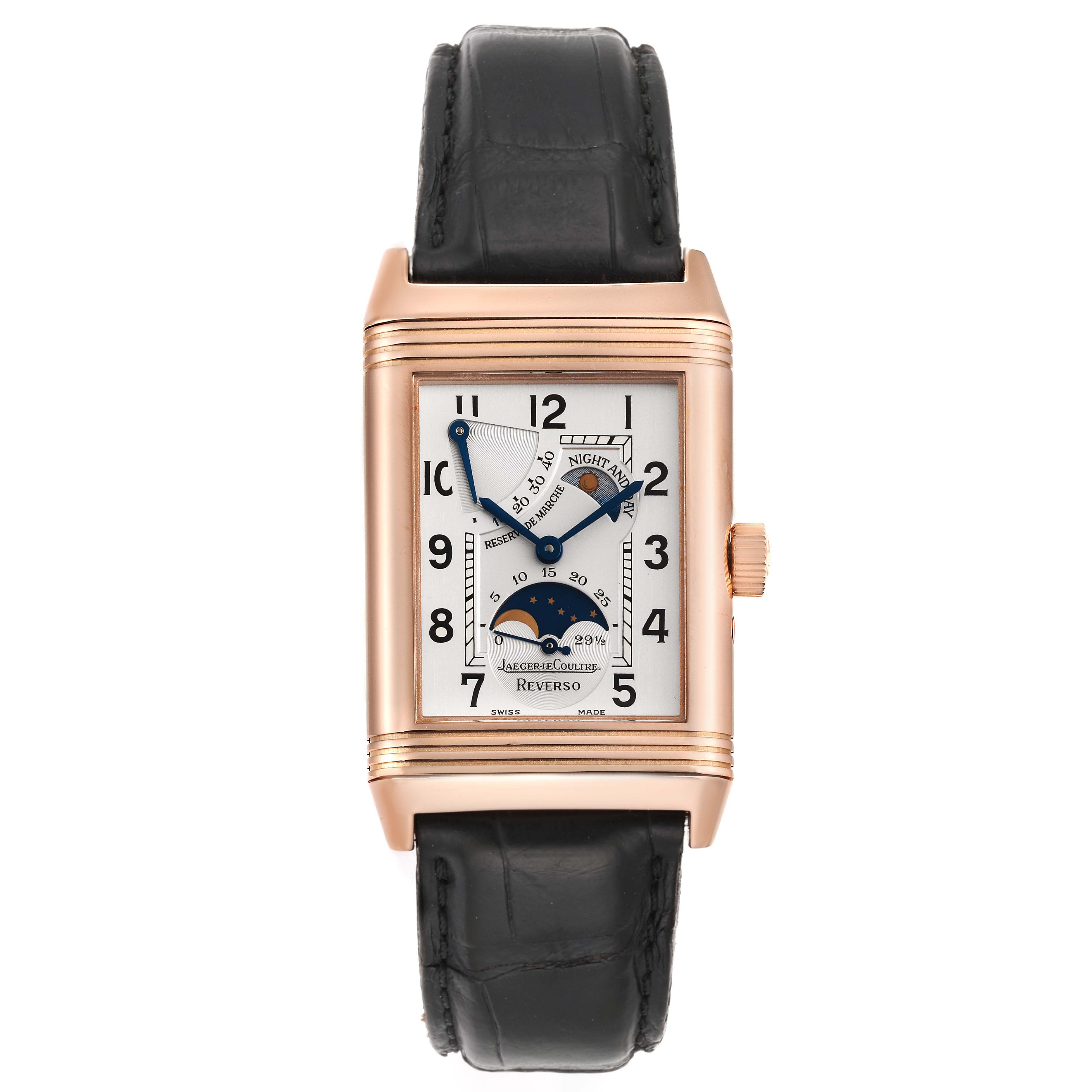 This is a front view of the Jaeger LeCoultre Reverso Q3042420 Men
s Rose Gold Silver Dial Q3042420 Men
s Rose Gold Silver Dial watch, showing its rectangular dial, black leather strap, and rose gold case.
