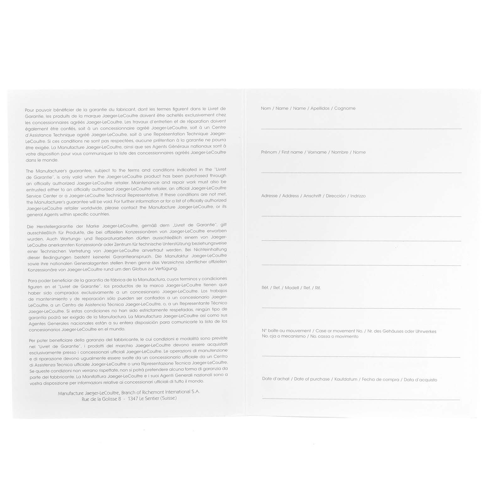 The image shows the open warranty booklet for a Jaeger LeCoultre Reverso Q3042420 Men
s Rose Gold Silver Dial Q3042420 Men
s Rose Gold Silver Dial watch, displaying instructions and fields for user information.