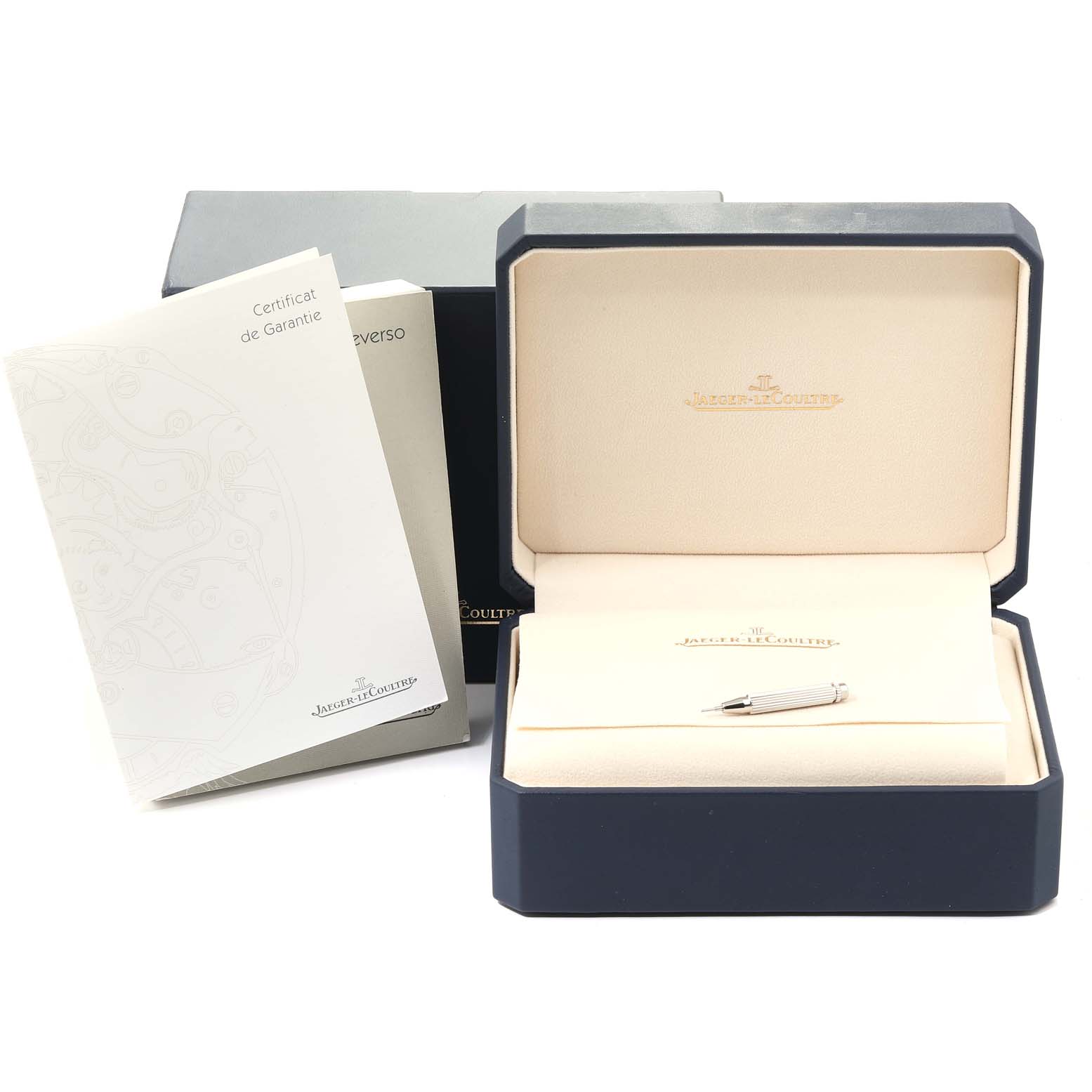 The image shows a Jaeger LeCoultre Reverso Q3042420 Men
s Rose Gold Silver Dial Q3042420 Men
s Rose Gold Silver Dial watch box with warranty paperwork, a gray outer box, and a small tool.