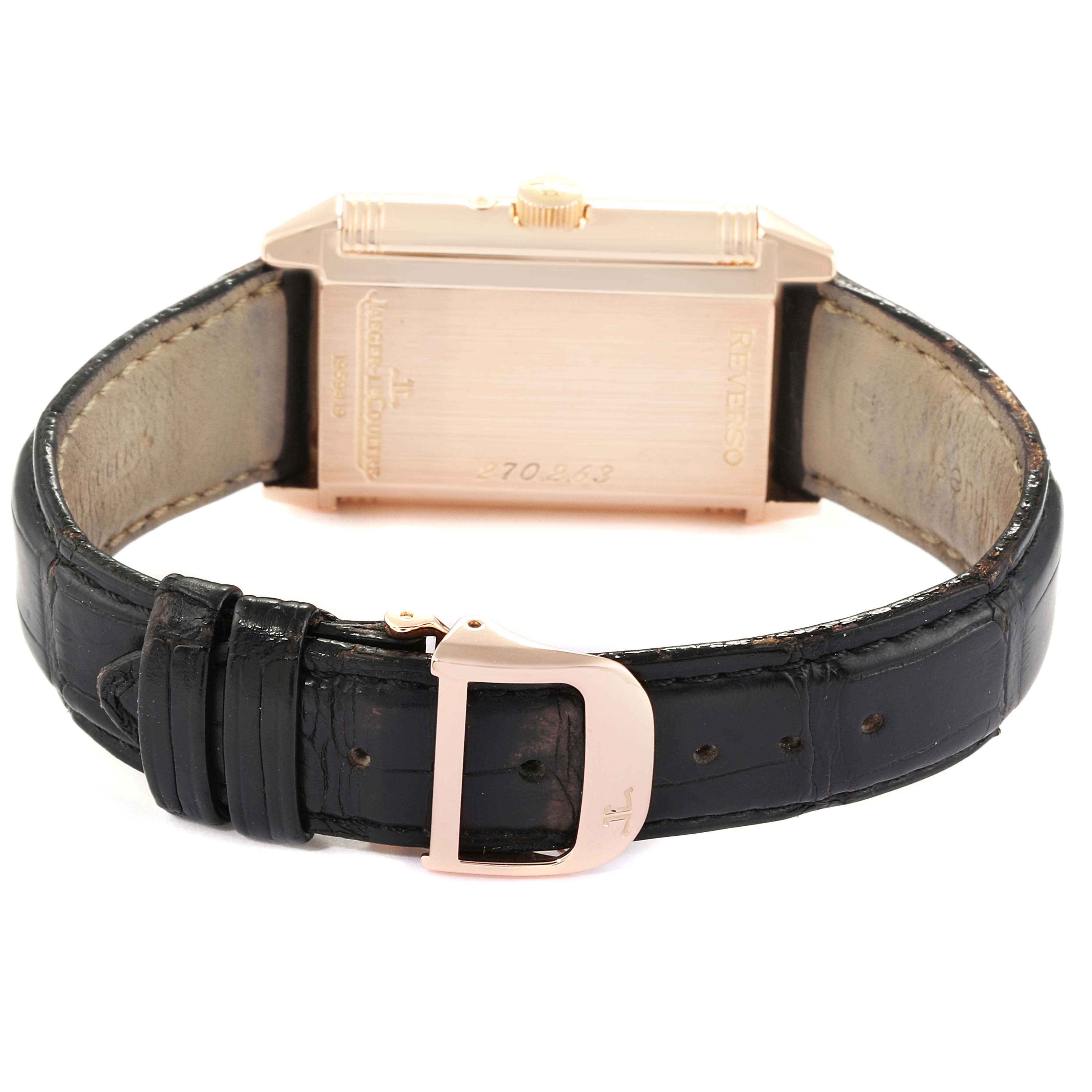 This image shows the back case and black leather strap of a Jaeger LeCoultre Reverso Q3042420 Men
s Rose Gold Silver Dial Q3042420 Men
s Rose Gold Silver Dial watch.