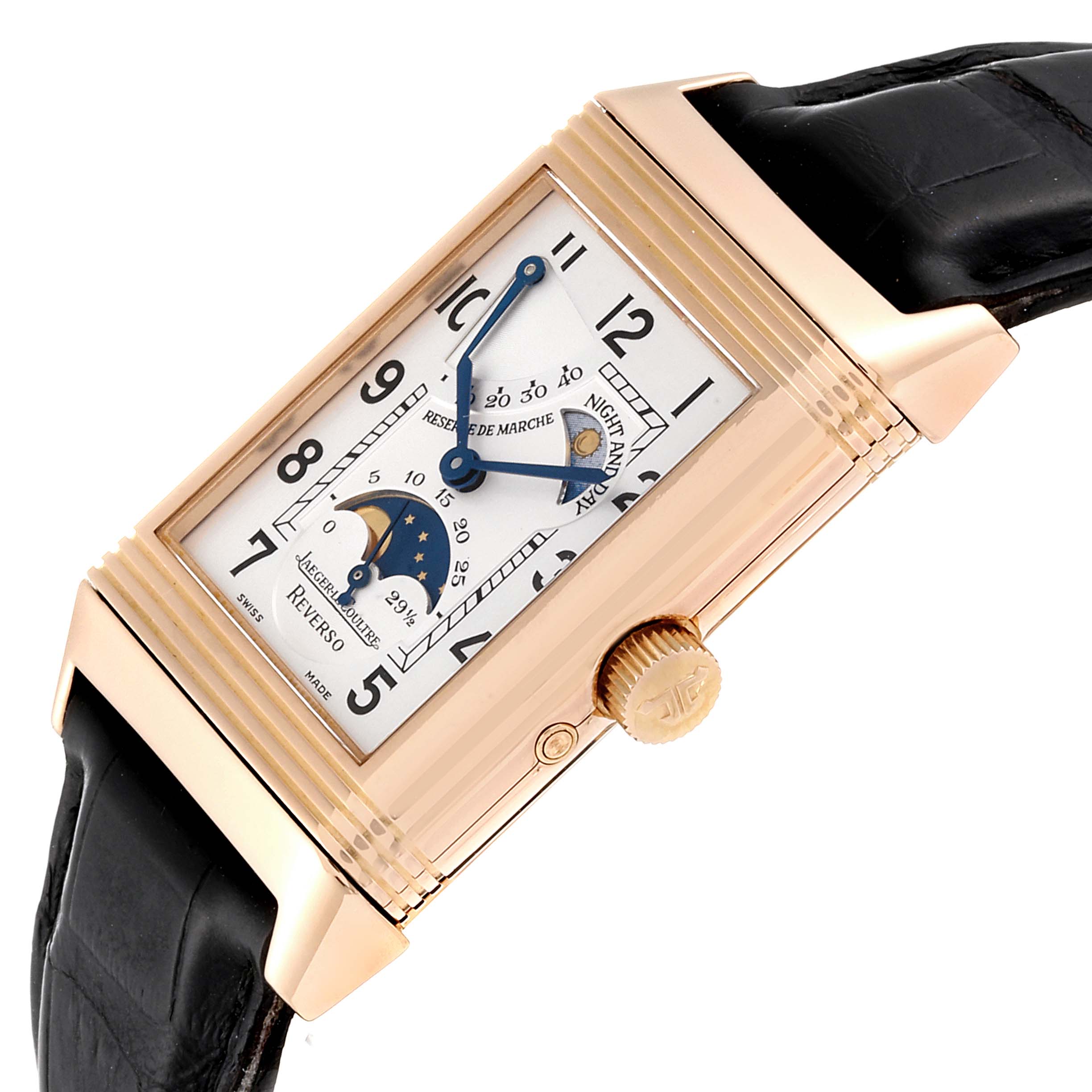 The image shows a Jaeger LeCoultre Reverso Q3042420 Men
s Rose Gold Silver Dial Q3042420 Men
s Rose Gold Silver Dial watch from an angled view, highlighting the dial, crown, and leather strap.