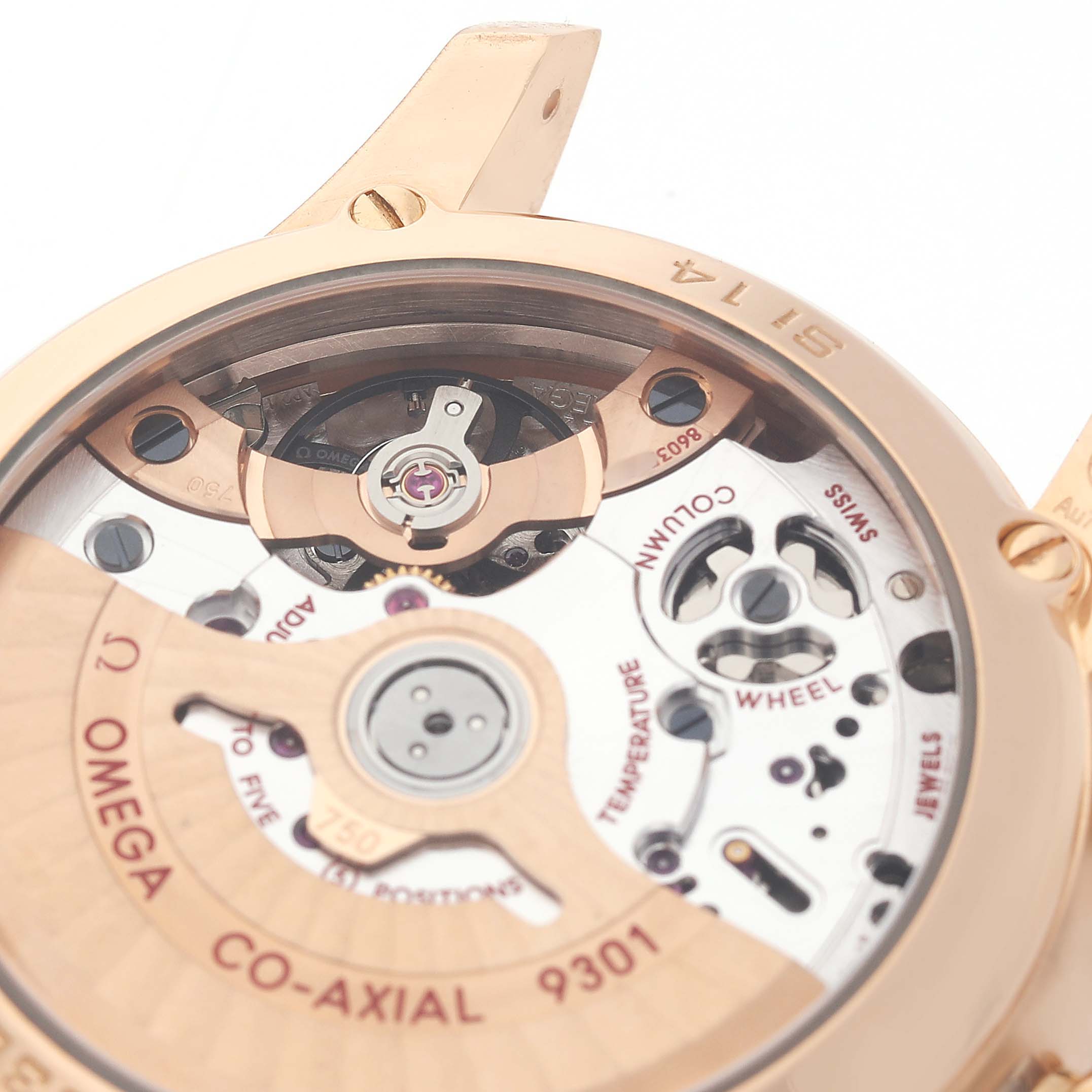 The image shows the back view of an Omega De Ville 83149 Men's Rose Gold Blue Dial watch, highlighting the Co-Axial 9301 movement.